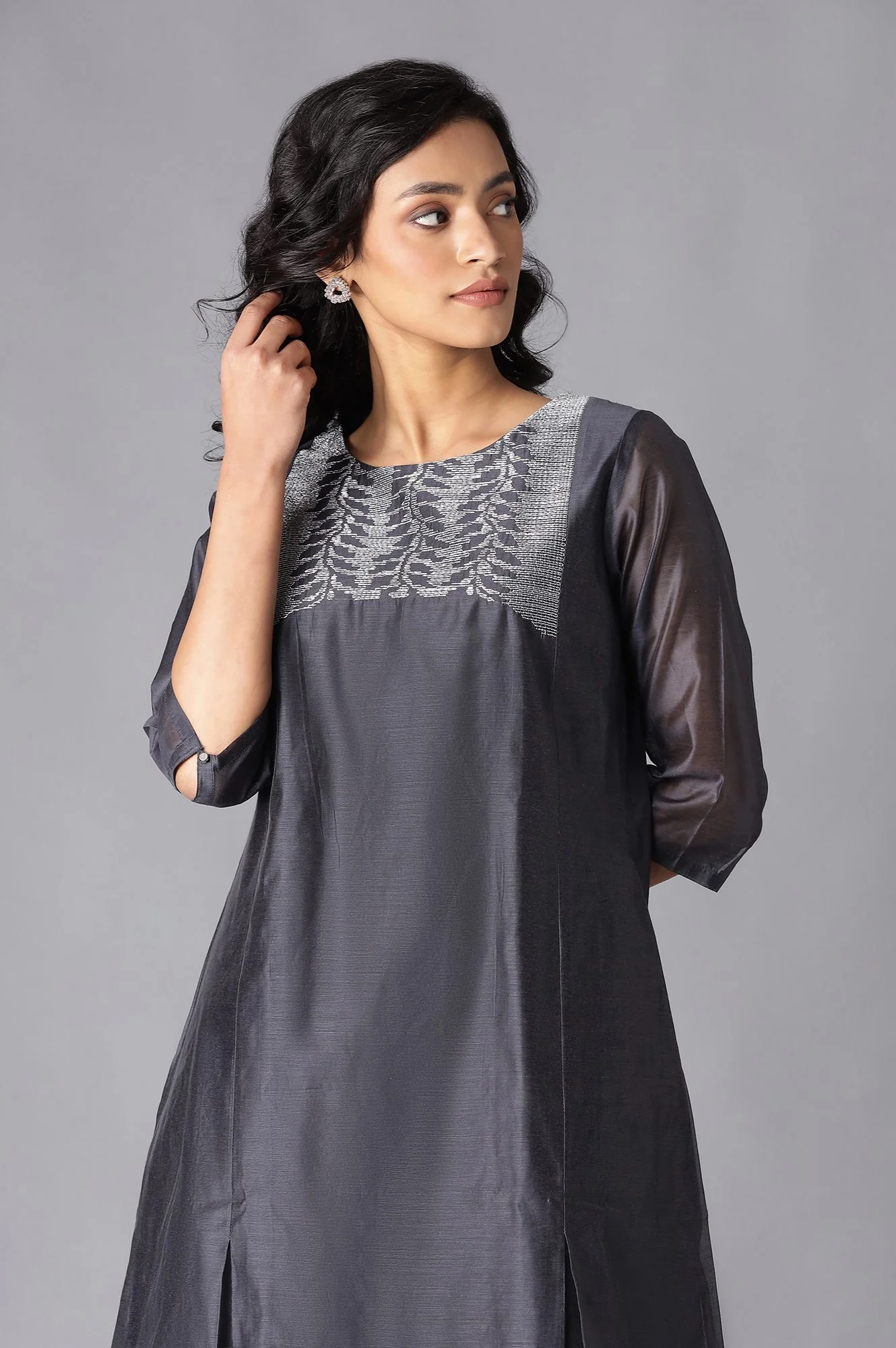 Dark Grey Embroidered kurta - Image 5