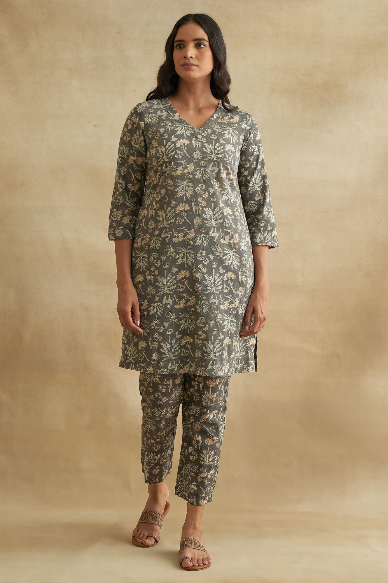 Dark Grey Handblock Print Straight Pants - Image 5