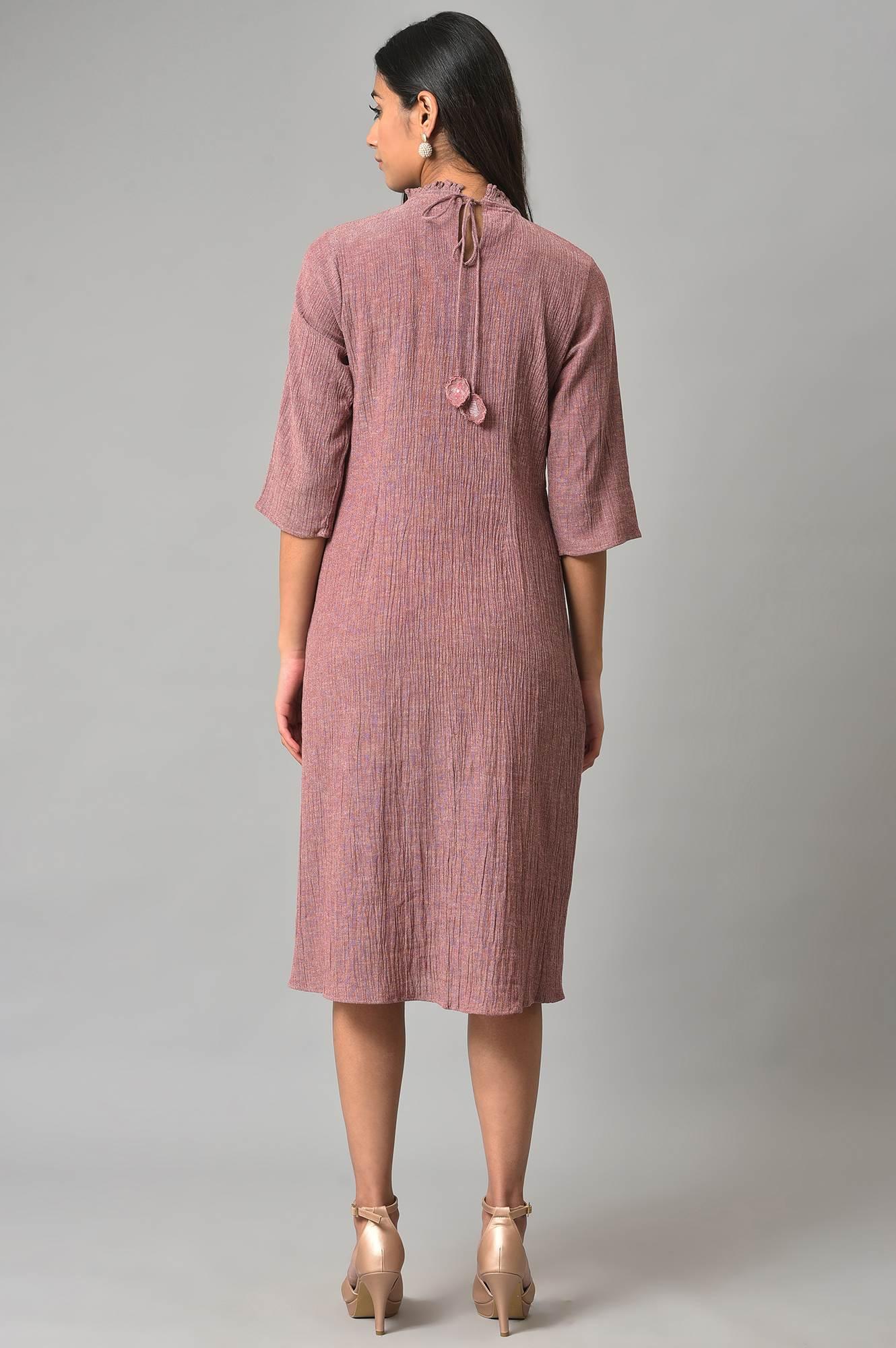 Dark Pink A-Line Cotton Dress With Pintucks - Image 2