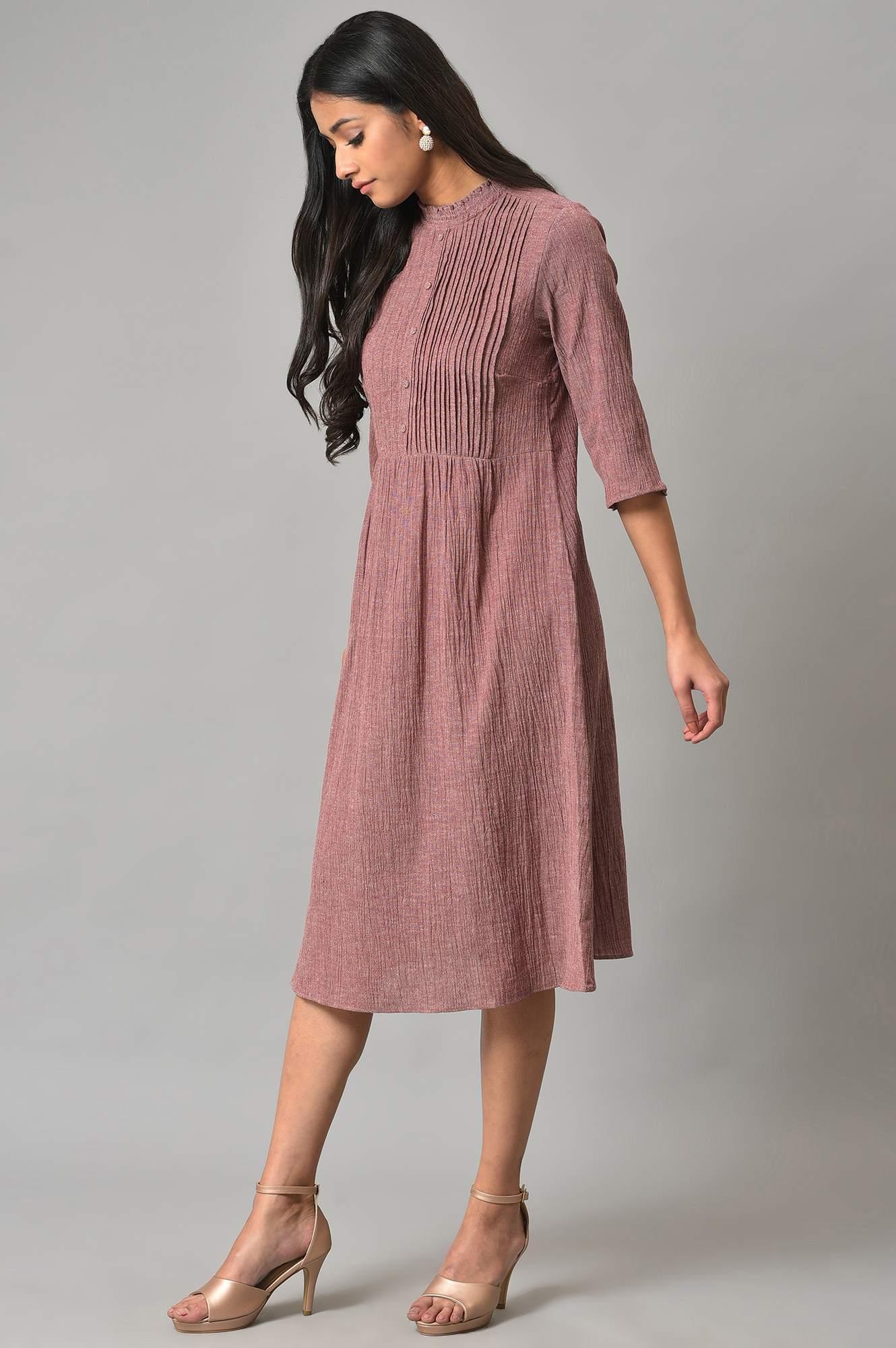 Dark Pink A-Line Cotton Dress With Pintucks - Image 3