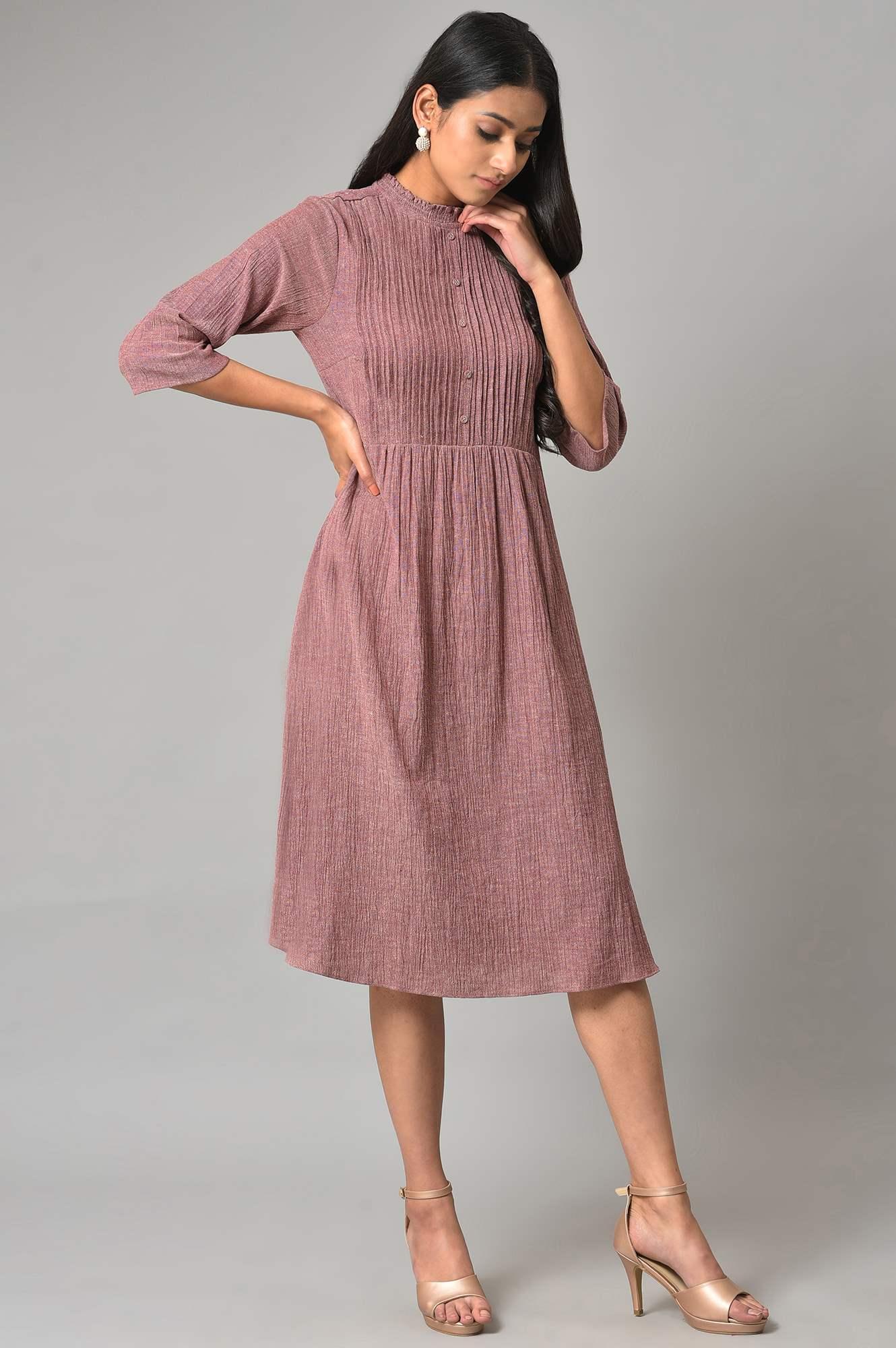 Dark Pink A-Line Cotton Dress With Pintucks - Image 4