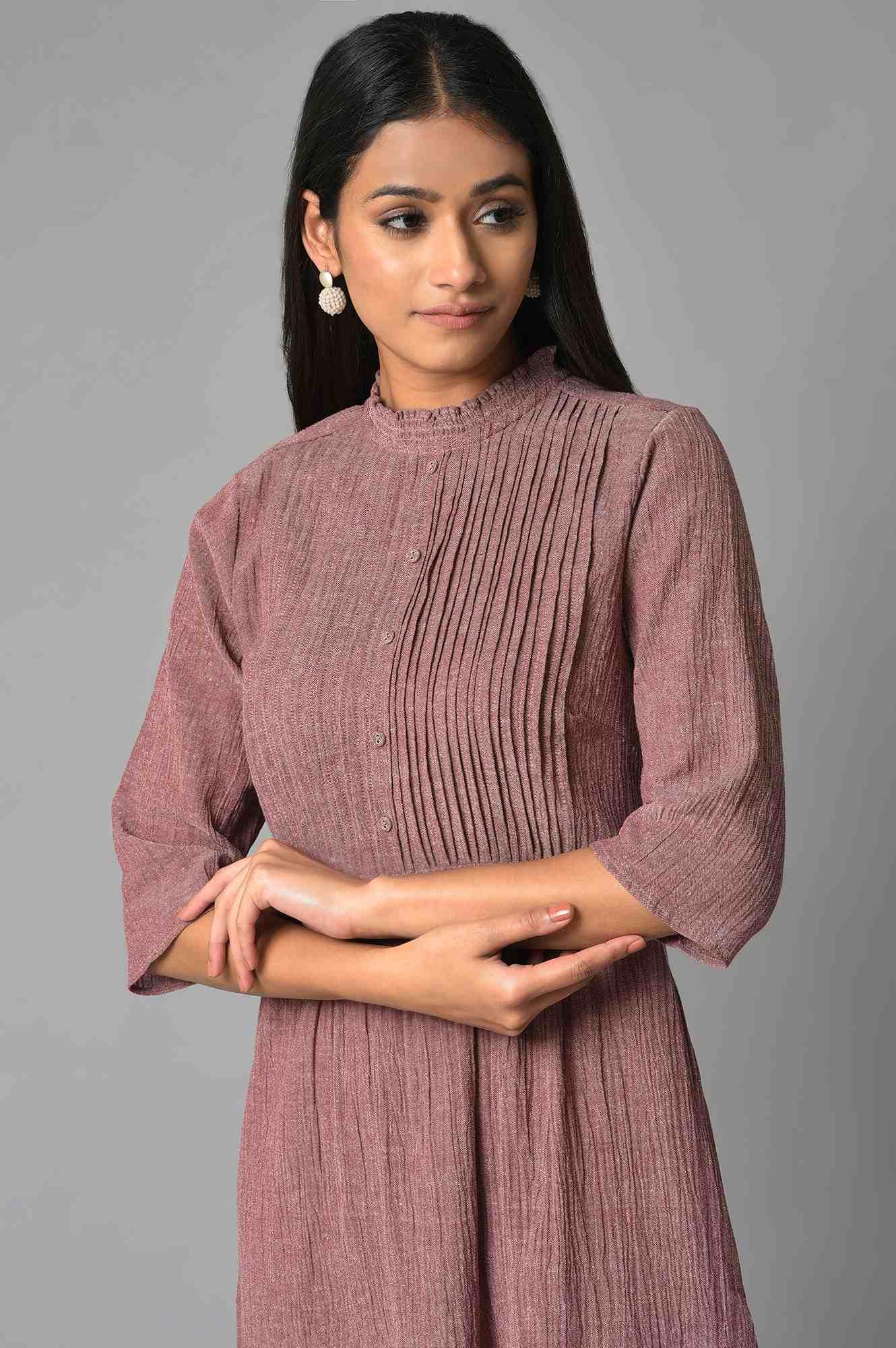 Dark Pink A-Line Cotton Dress With Pintucks - Image 5