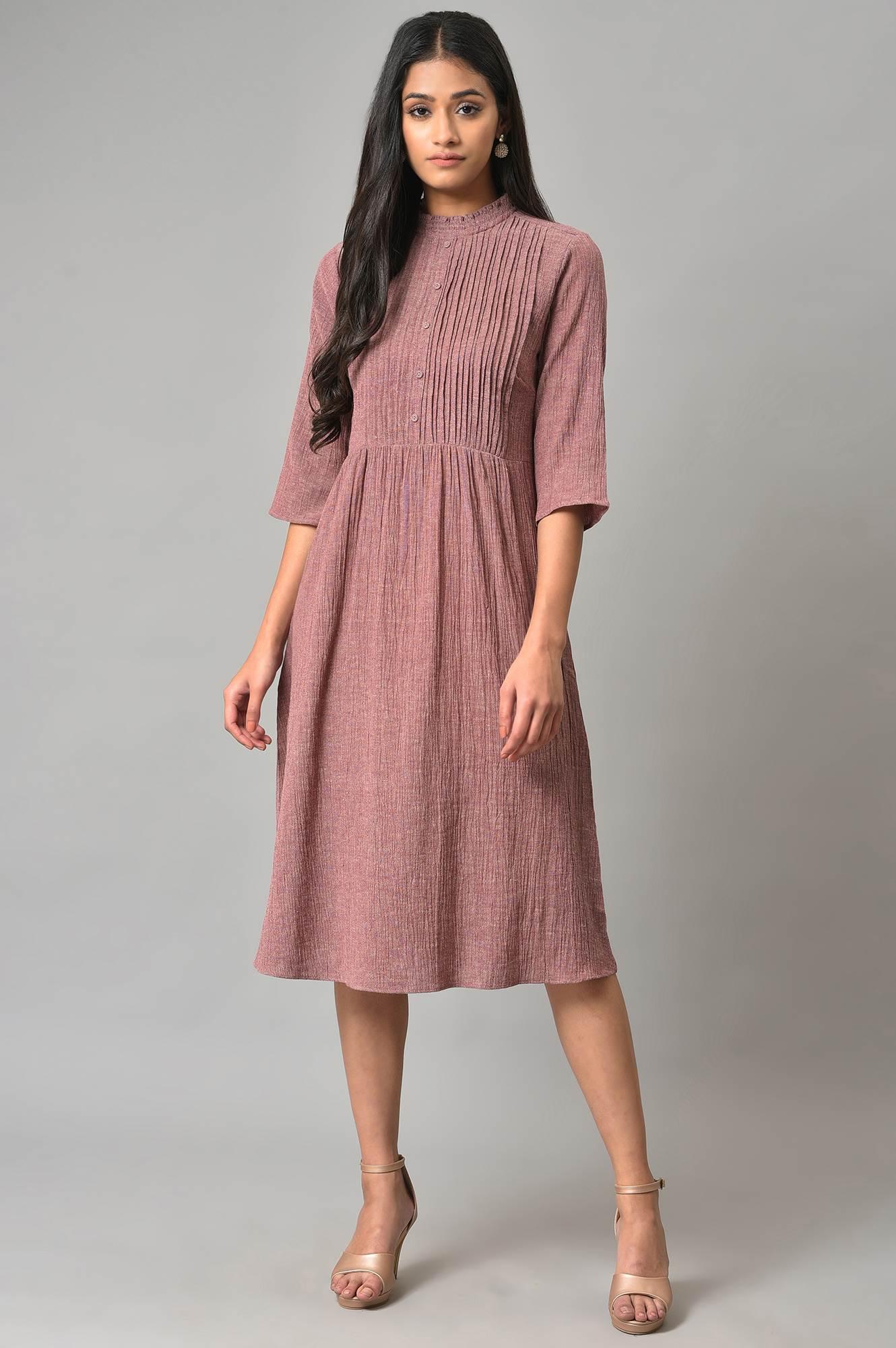 Dark Pink A-Line Cotton Dress With Pintucks - Image 6