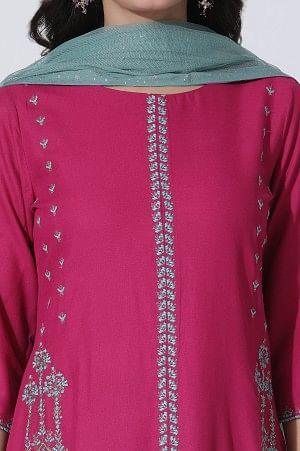 Dark Pink A-Line Embroidered Kurta, Culottes And Dupatta Set - Image 6