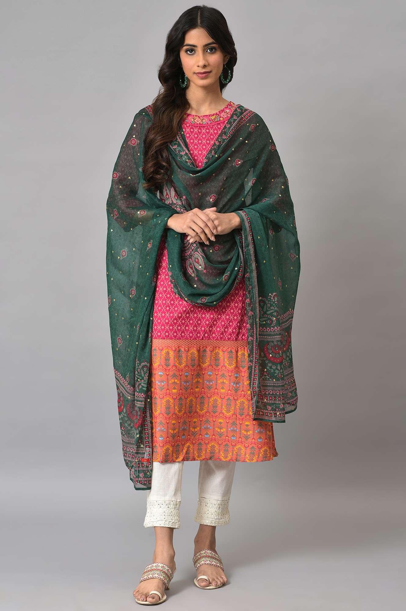 Dark Pink Boat Neck Embroidered kurta With Ecru Slim Pants And Green Printed Dupatta - Image 10