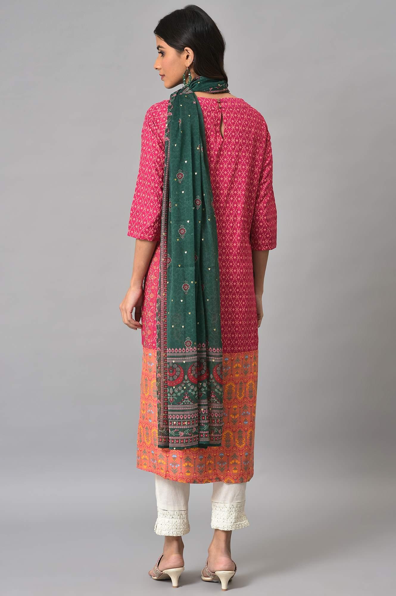 Dark Pink Boat Neck Embroidered kurta With Ecru Slim Pants And Green Printed Dupatta - Image 2