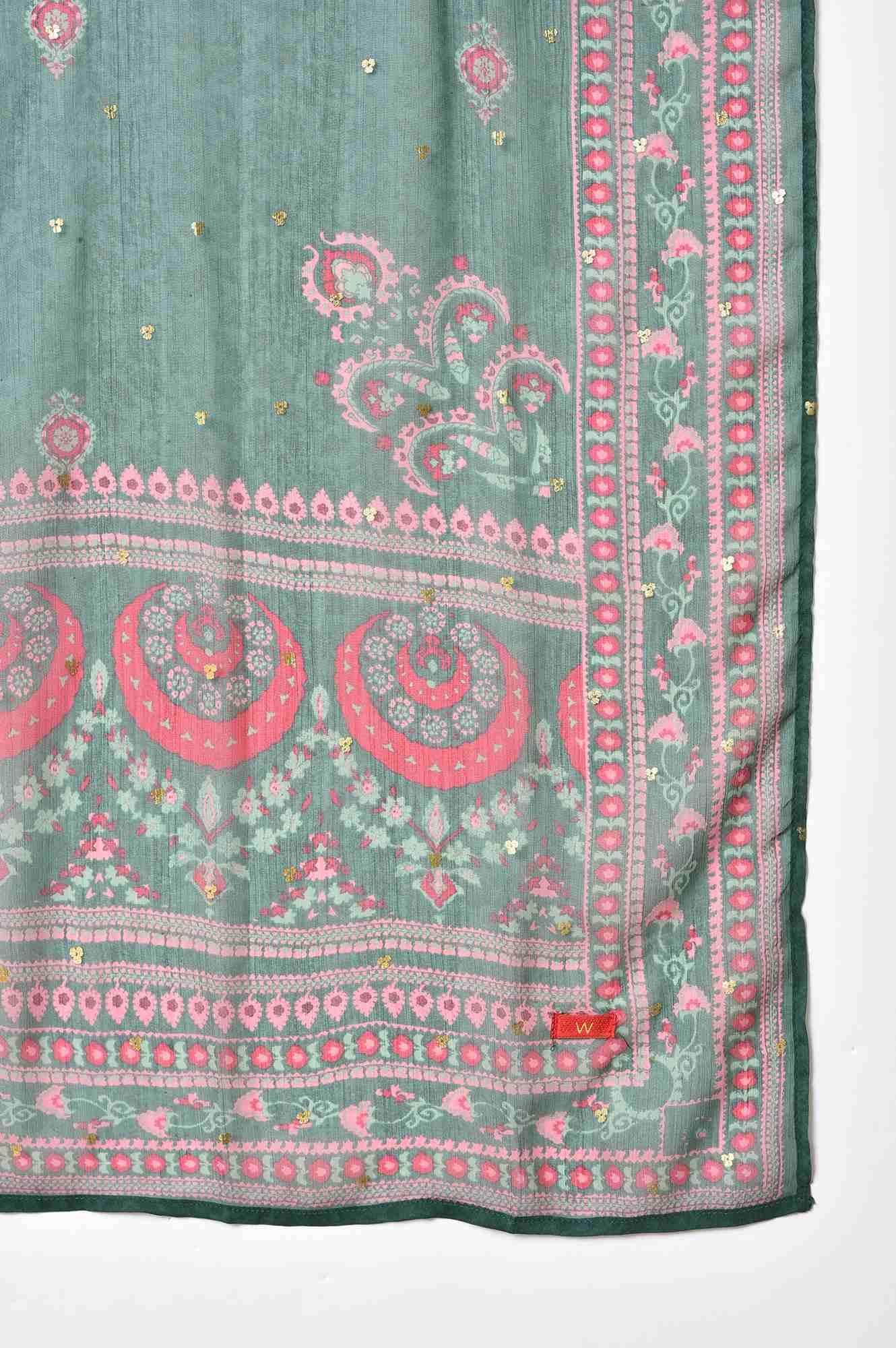 Dark Pink Boat Neck Embroidered kurta With Green Slim Pants And Printed Dupatta - Image 9