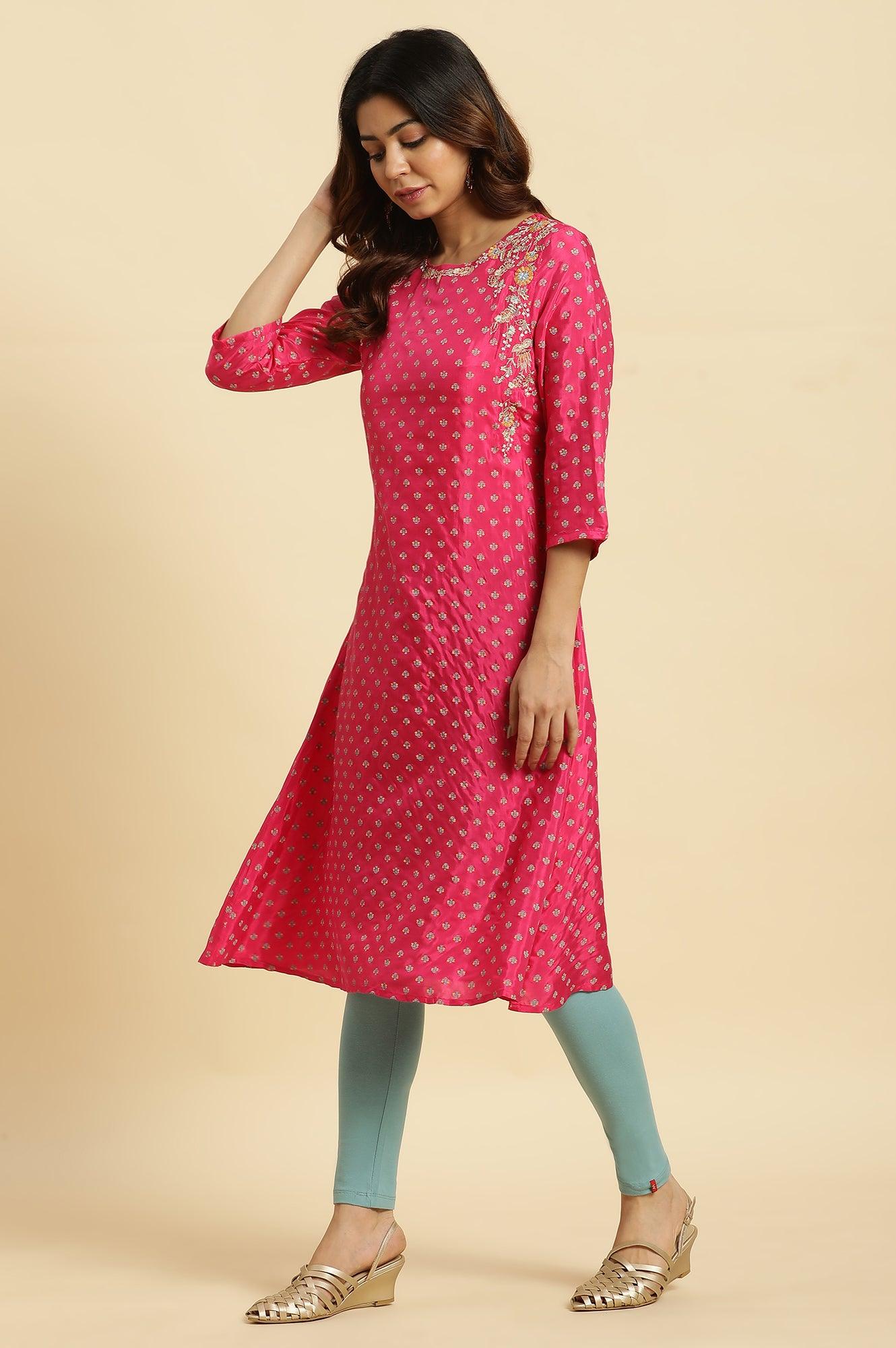 Dark Pink Embroidered A-Line Festive Kurta - Image 3