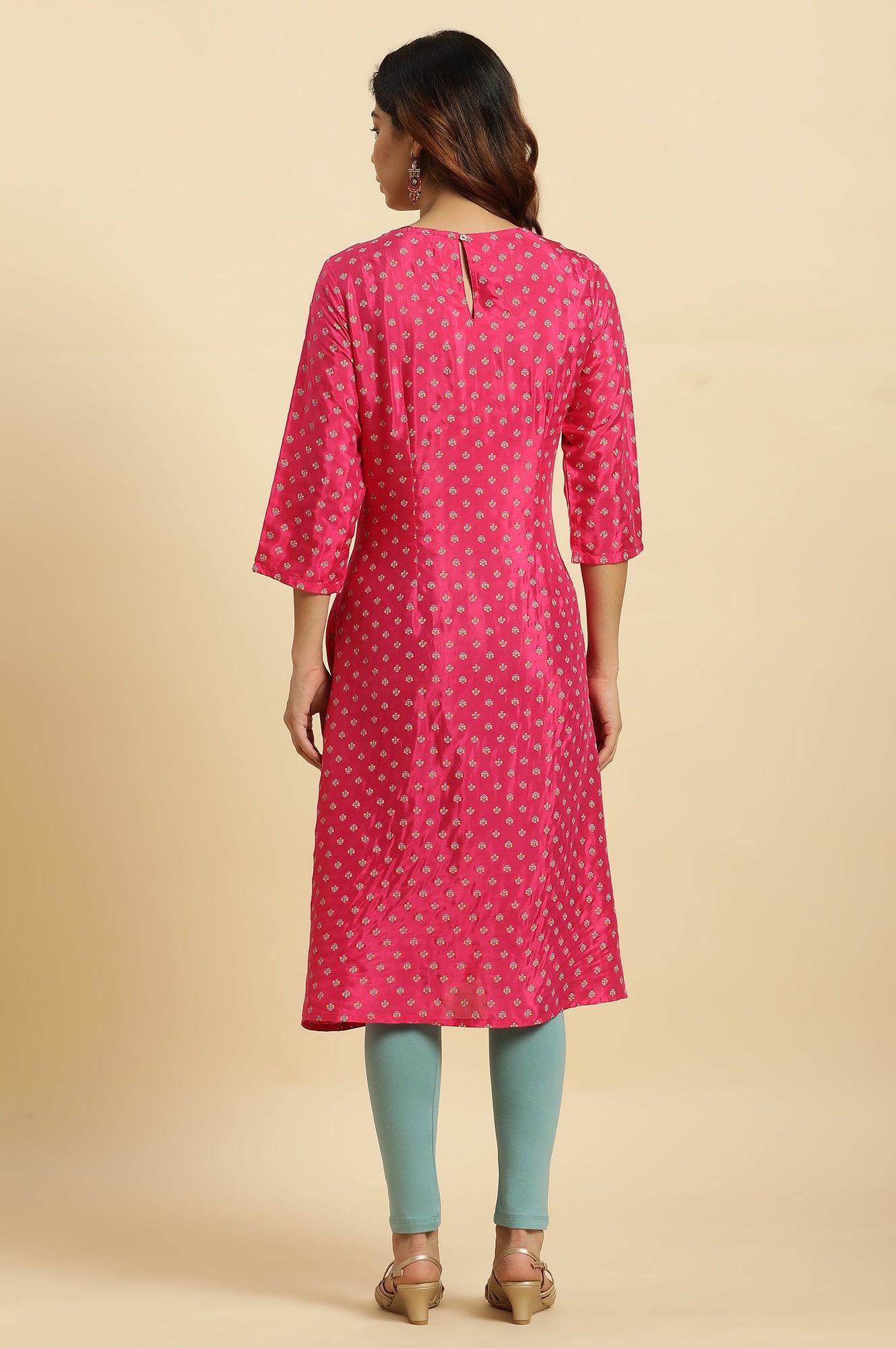Dark Pink Embroidered A-Line Festive Kurta - Image 4