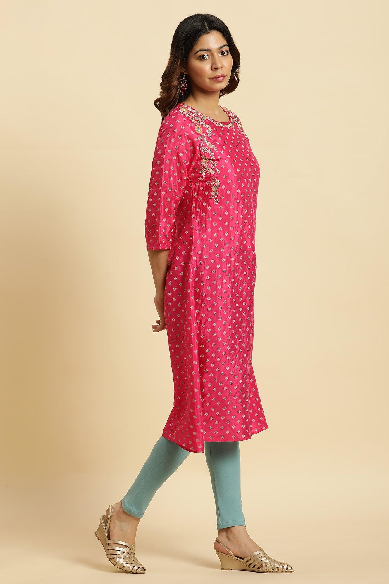 Dark Pink Embroidered A-Line Festive Kurta - Image 5
