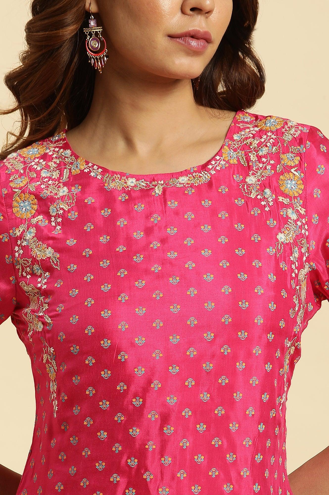 Dark Pink Embroidered A-Line Festive Kurta - Image 6
