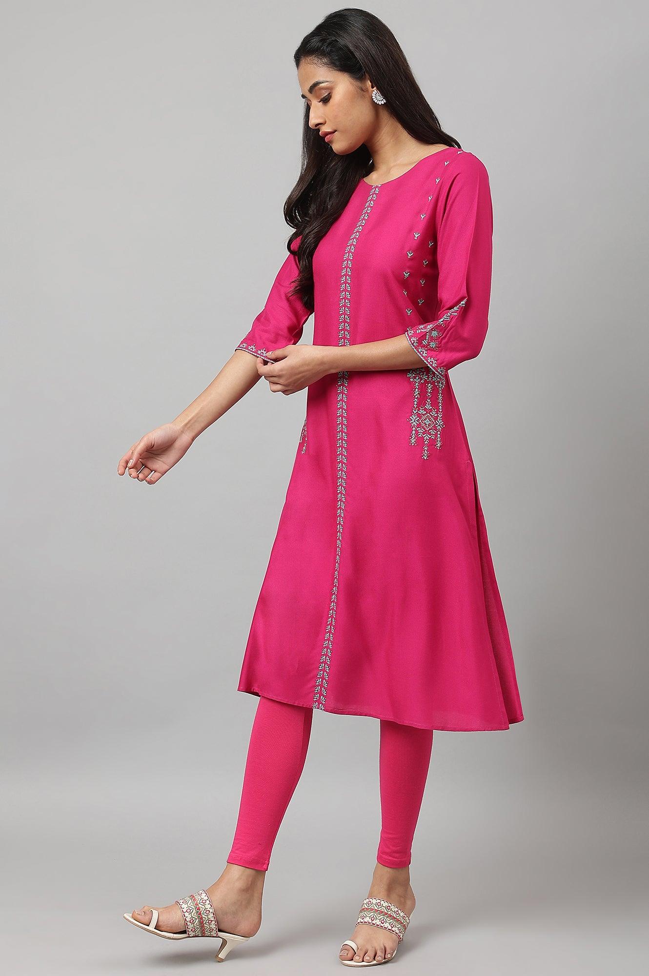 Dark Pink Embroidered A-Line kurta - Image 3
