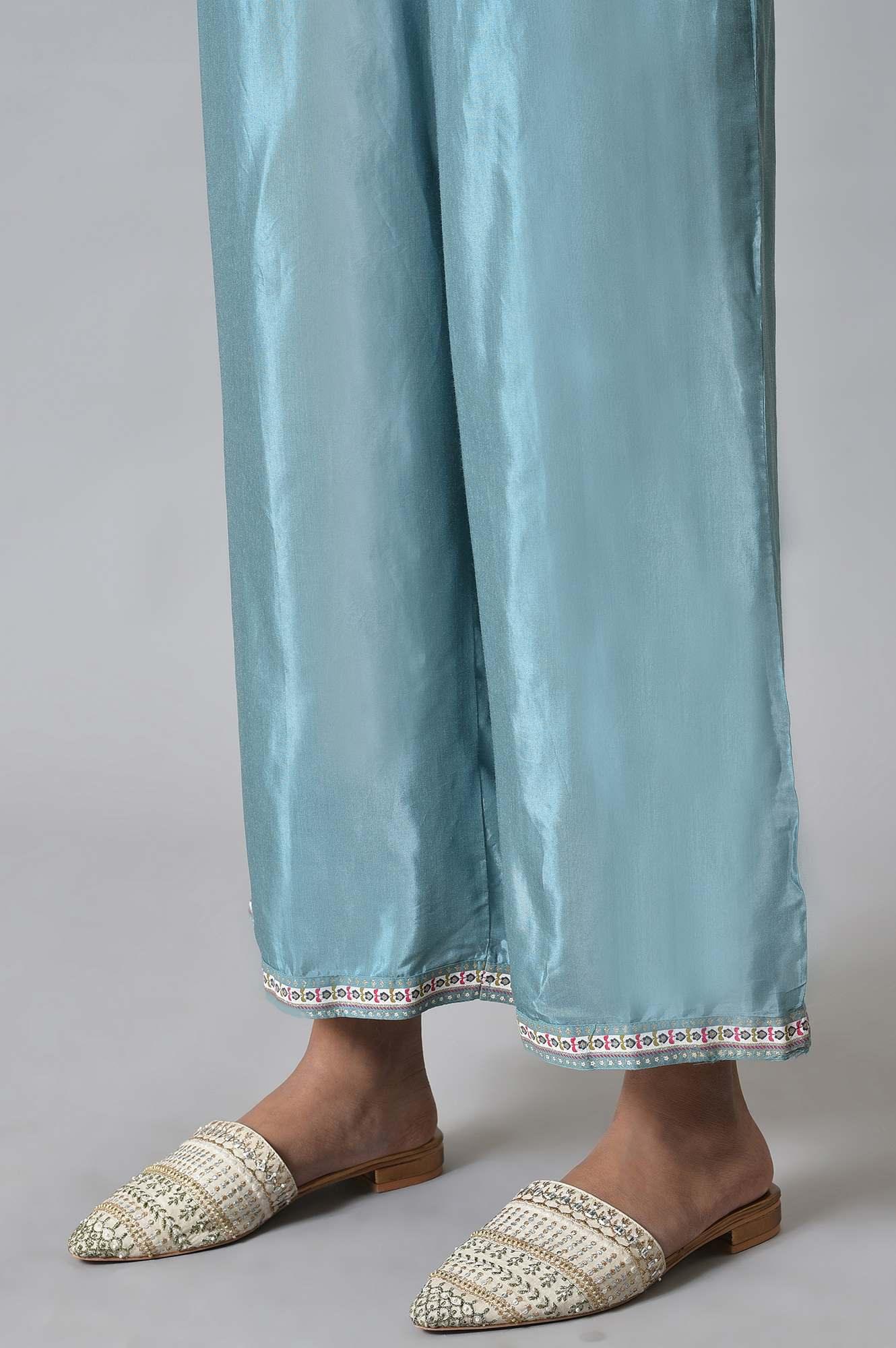 Dark Pink Embroidered kurta With Blue Parallel Pants And White Chanderi Dupatta - Image 8