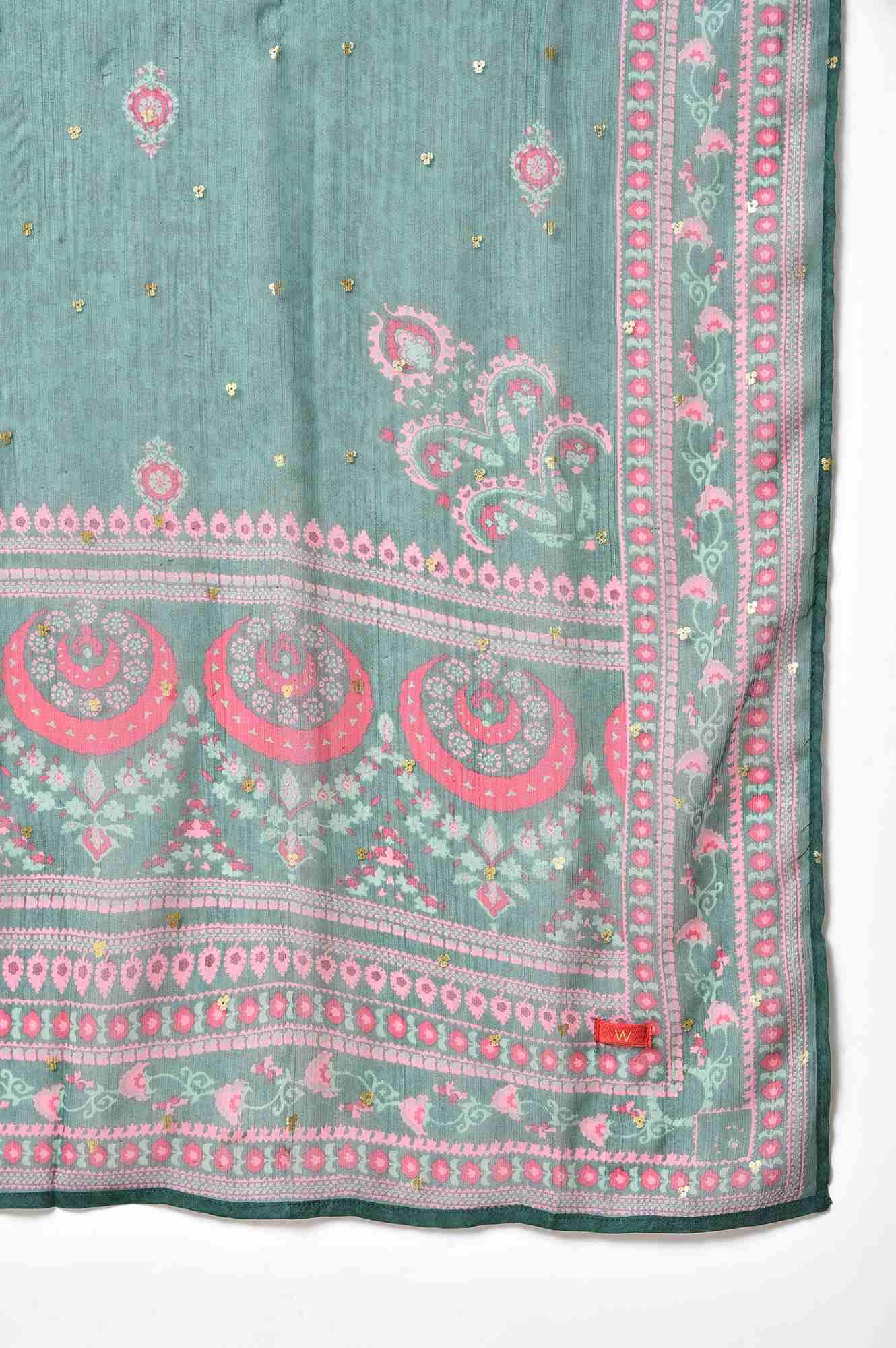 Dark Pink Embroidered kurta With Pink Tights And Green Chiffon Dupataa - Image 8