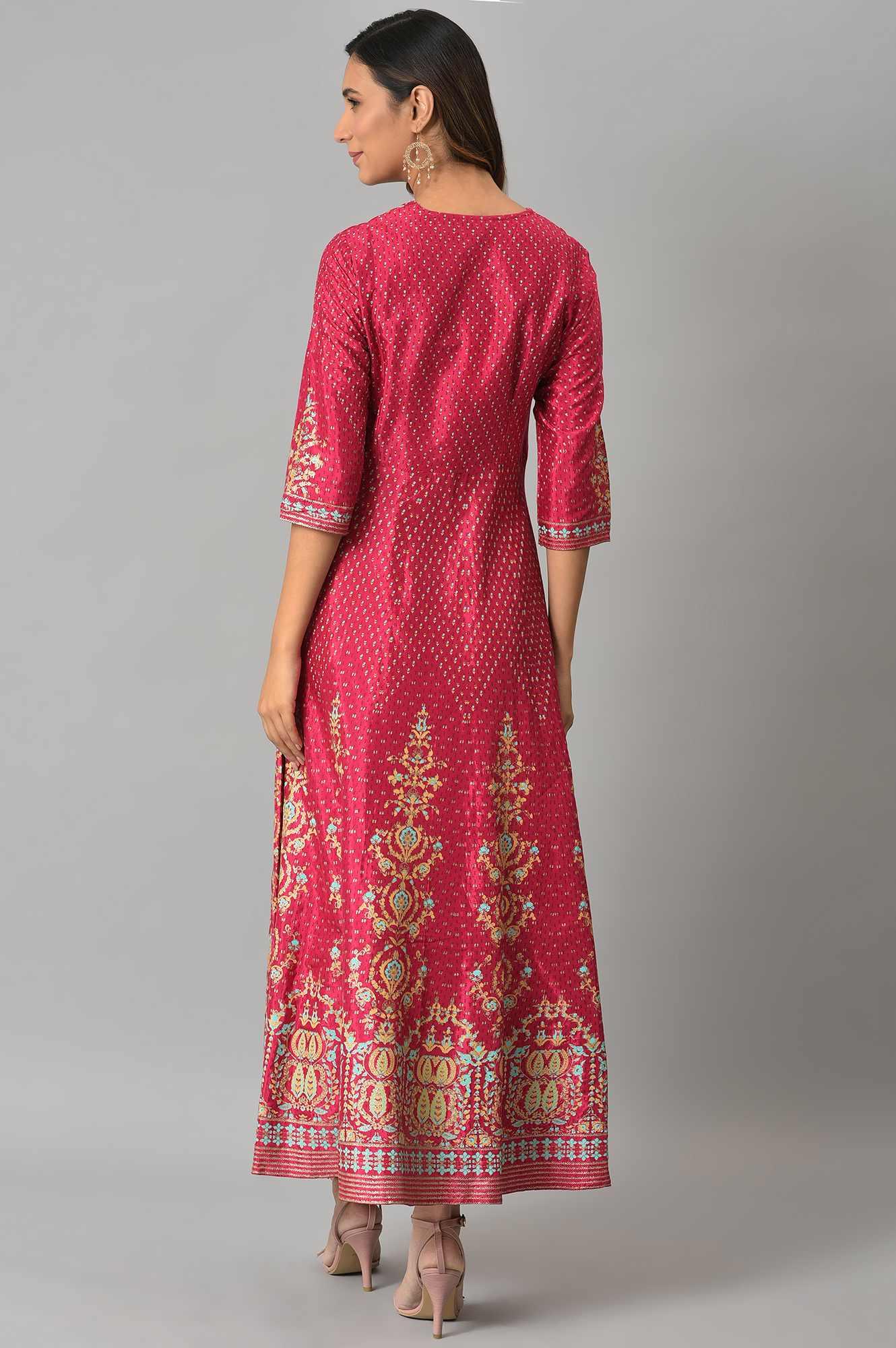 Dark Pink Floral Print Kalidar Dress - Image 2