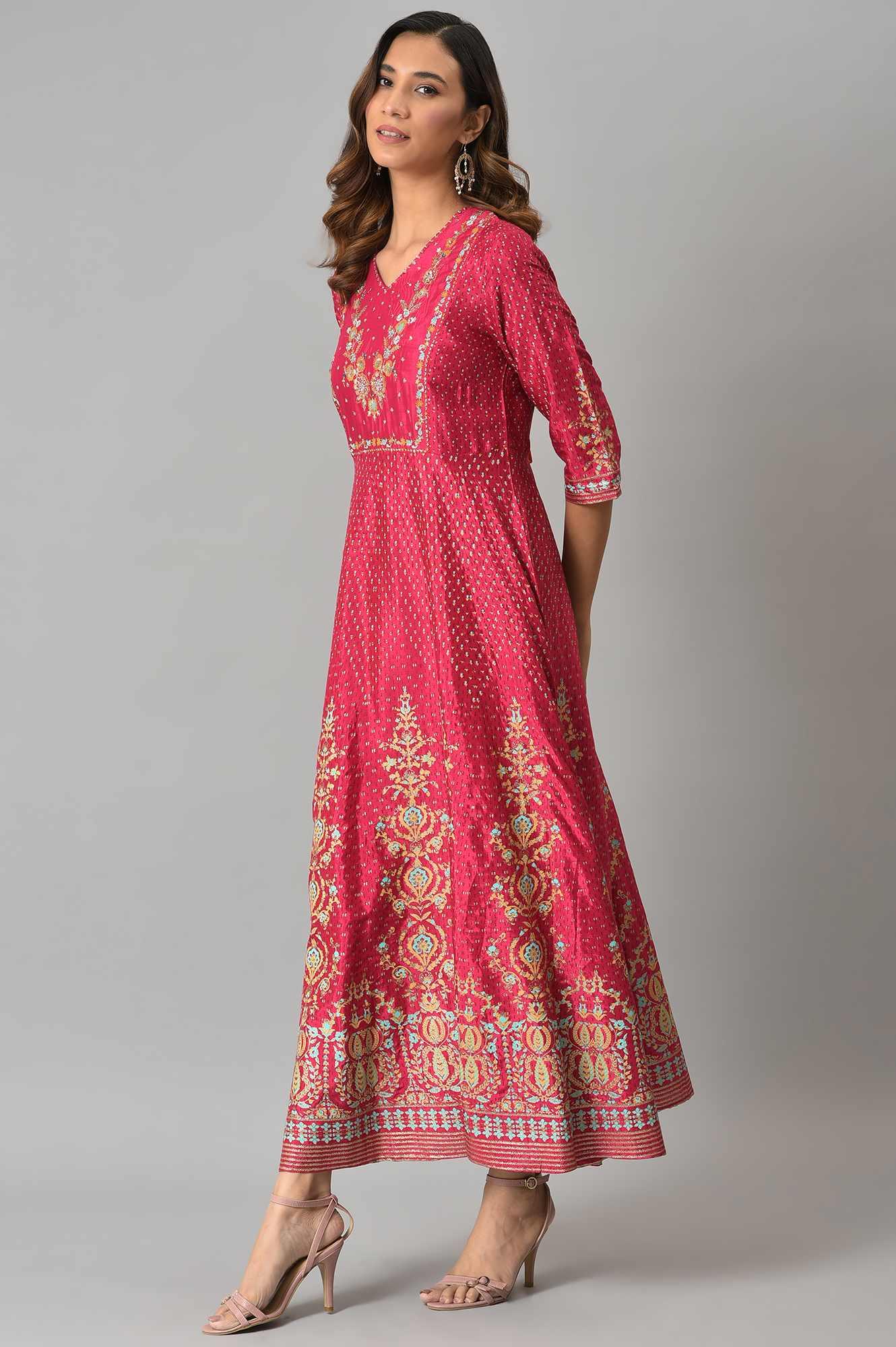Dark Pink Floral Print Kalidar Dress - Image 3