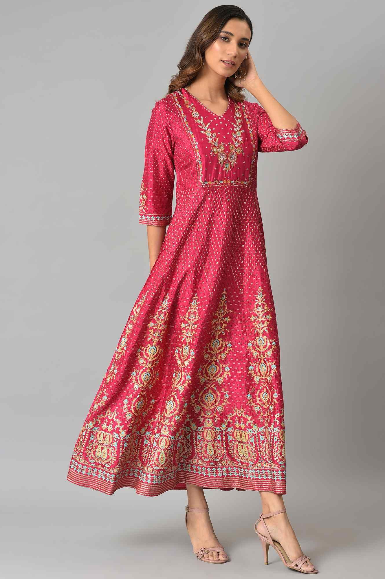 Dark Pink Floral Print Kalidar Dress - Image 4