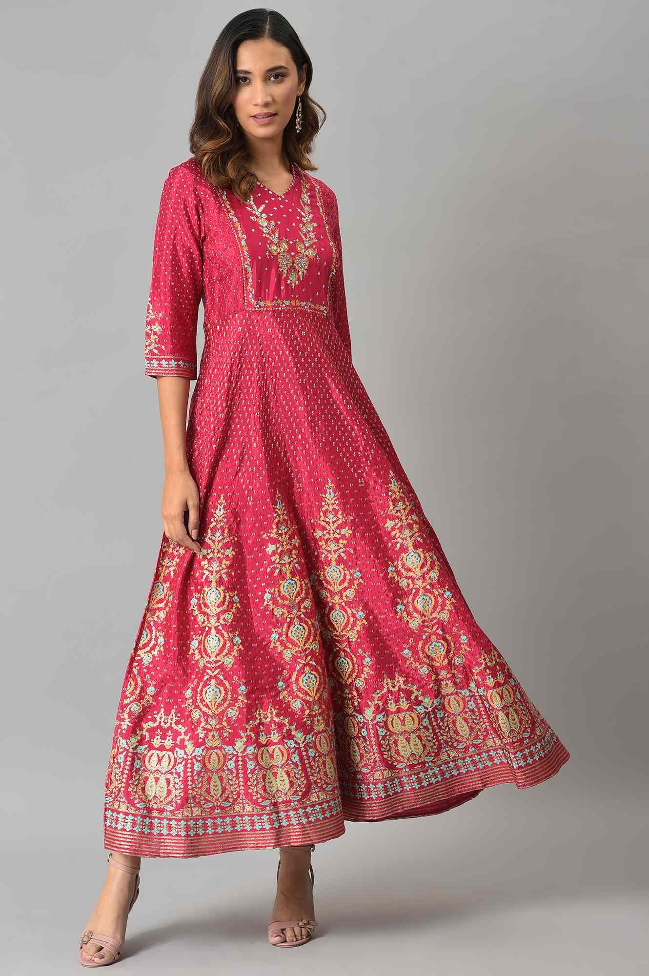Dark Pink Floral Print Kalidar Dress - Image 5