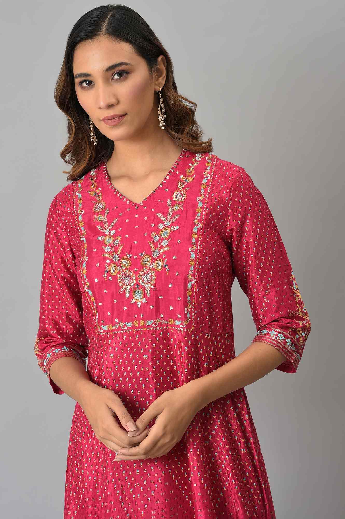 Dark Pink Floral Print Kalidar Dress - Image 6