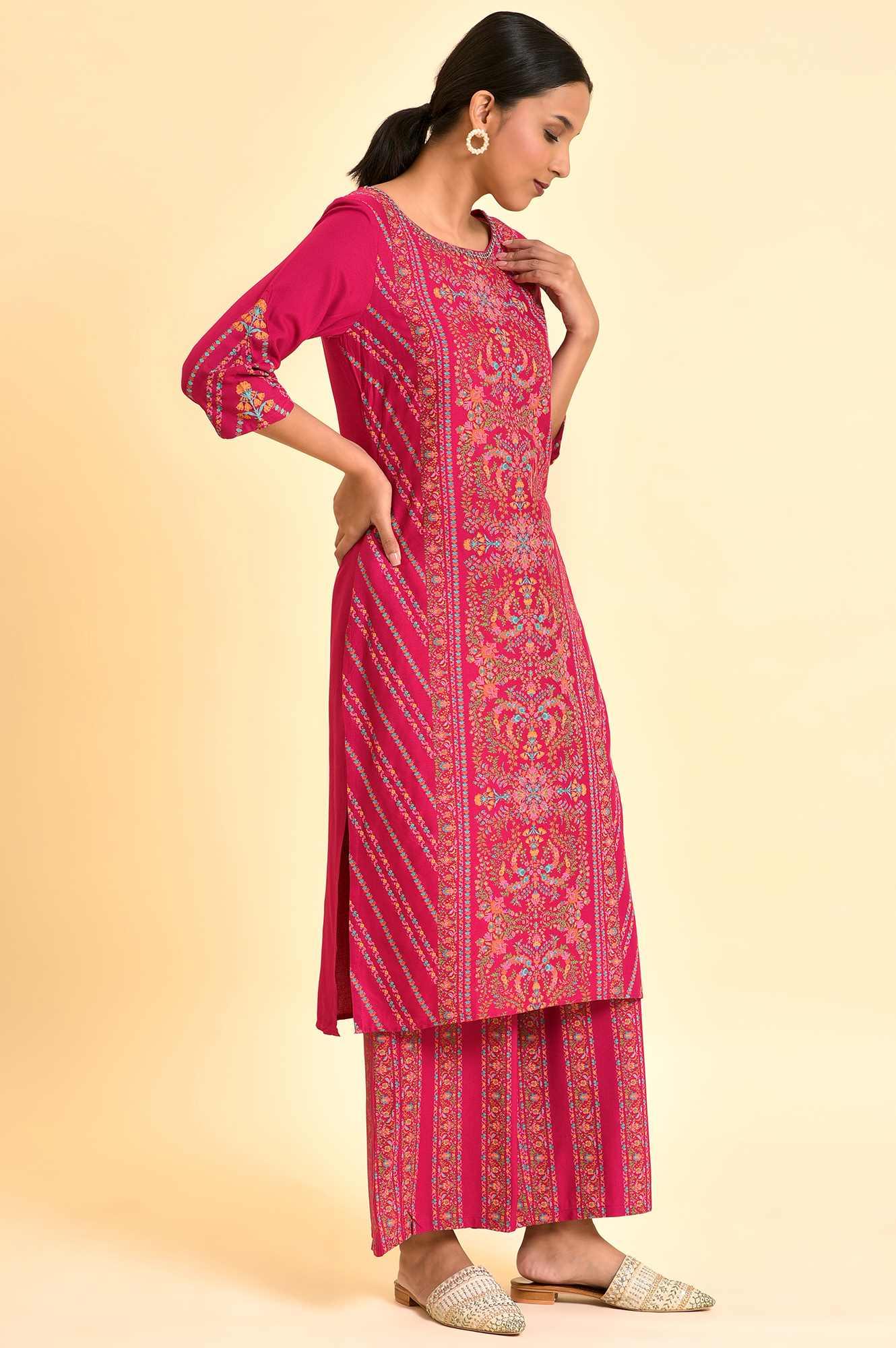 Dark Pink Floral Printed Embellished Kurta And Pants Set - Image 5