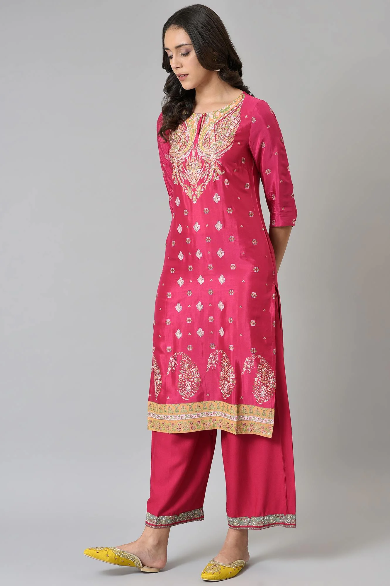 Dark Pink Glitter Placement Print kurta - Image 3