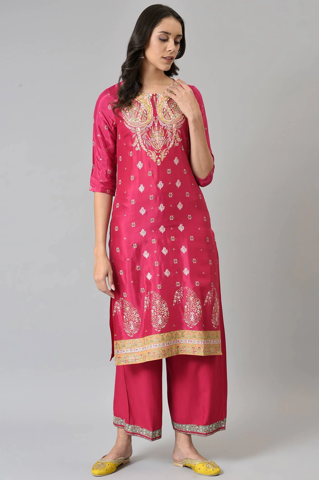 Dark Pink Glitter Placement Print kurta - Image 5