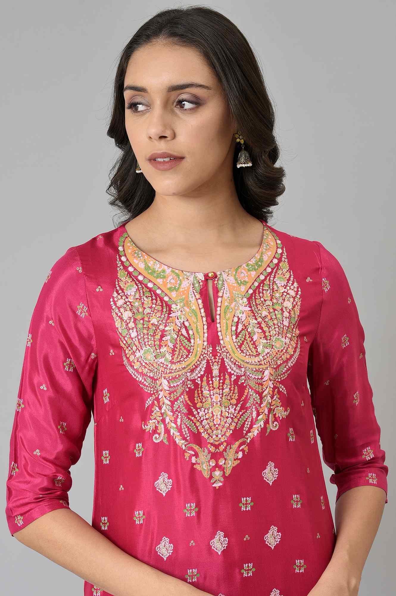 Dark Pink Glitter Placement Print kurta - Image 6