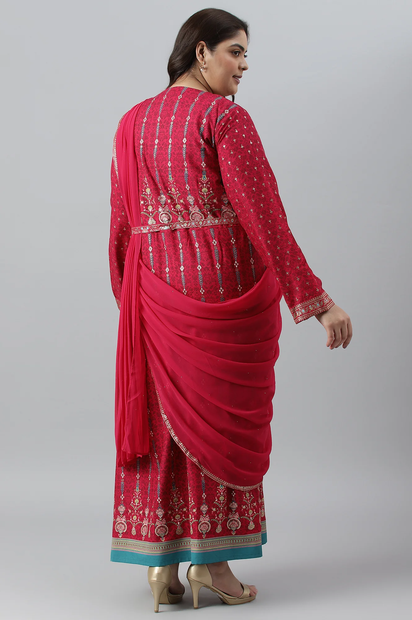 Dark Pink Glitter Printed Festive Plus Size Saree Dress - Image 2