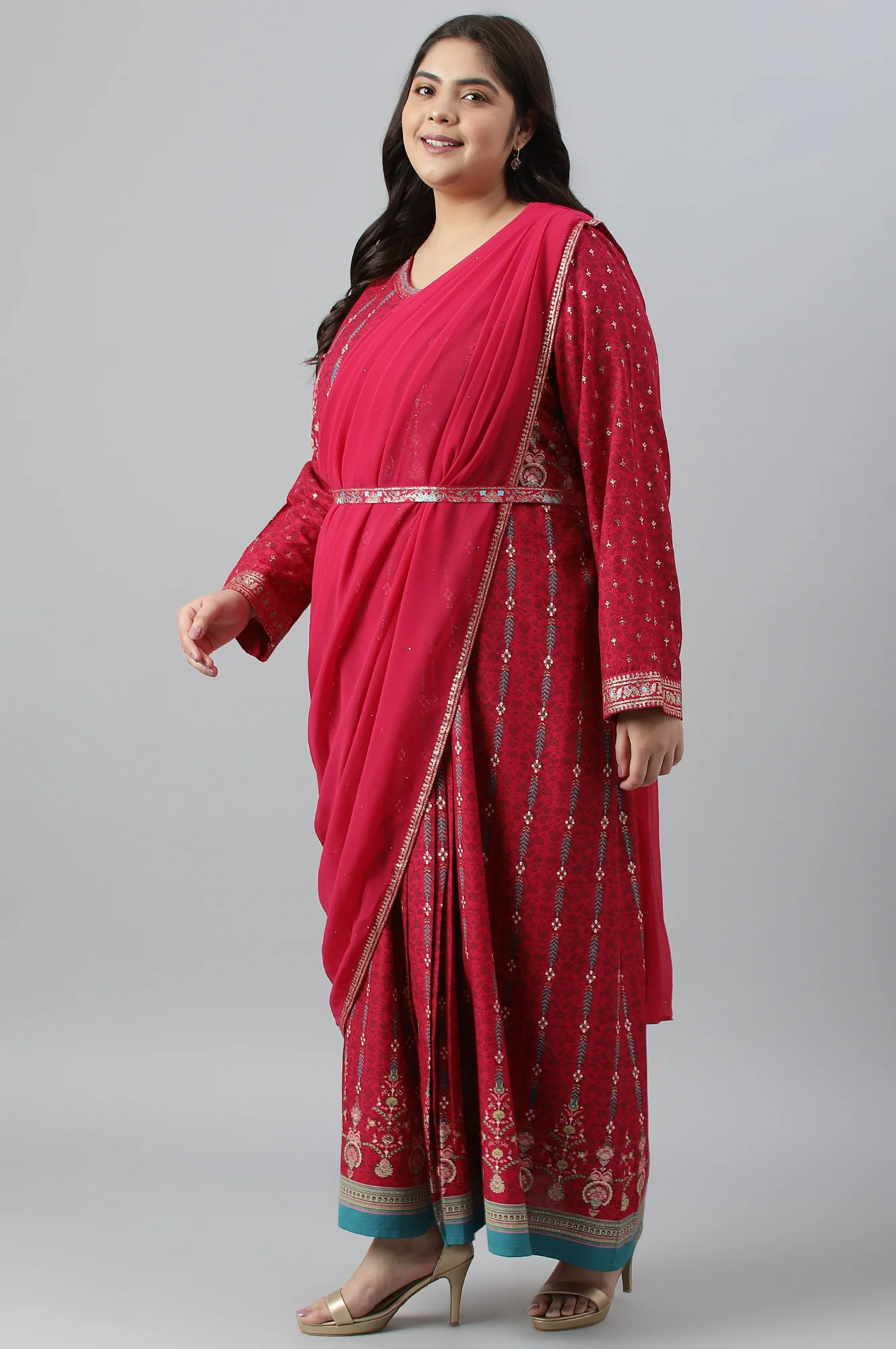 Dark Pink Glitter Printed Festive Plus Size Saree Dress - Image 5