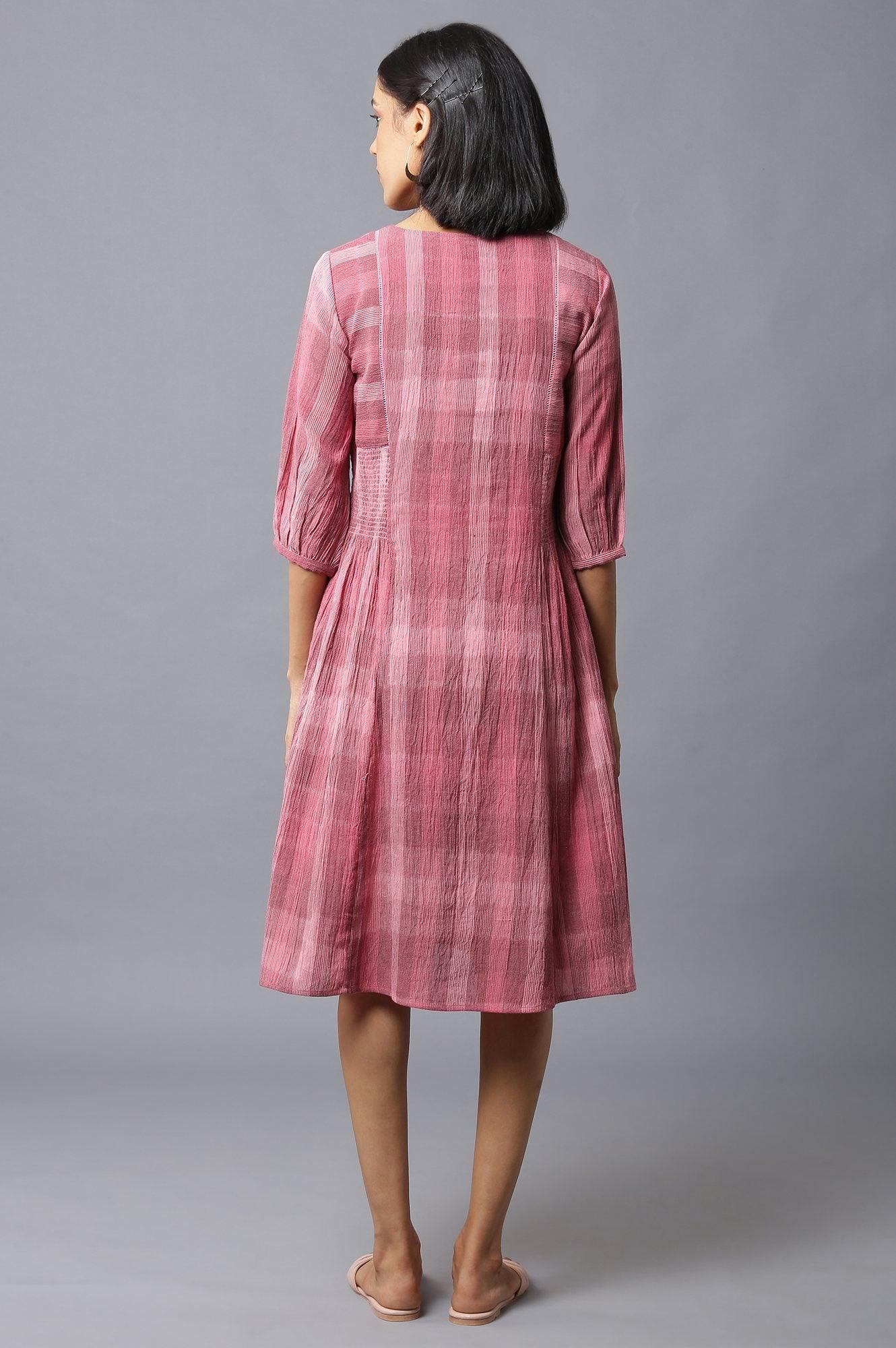 Dark Pink Ikkat Smoking Dress In Round Neck - Image 2