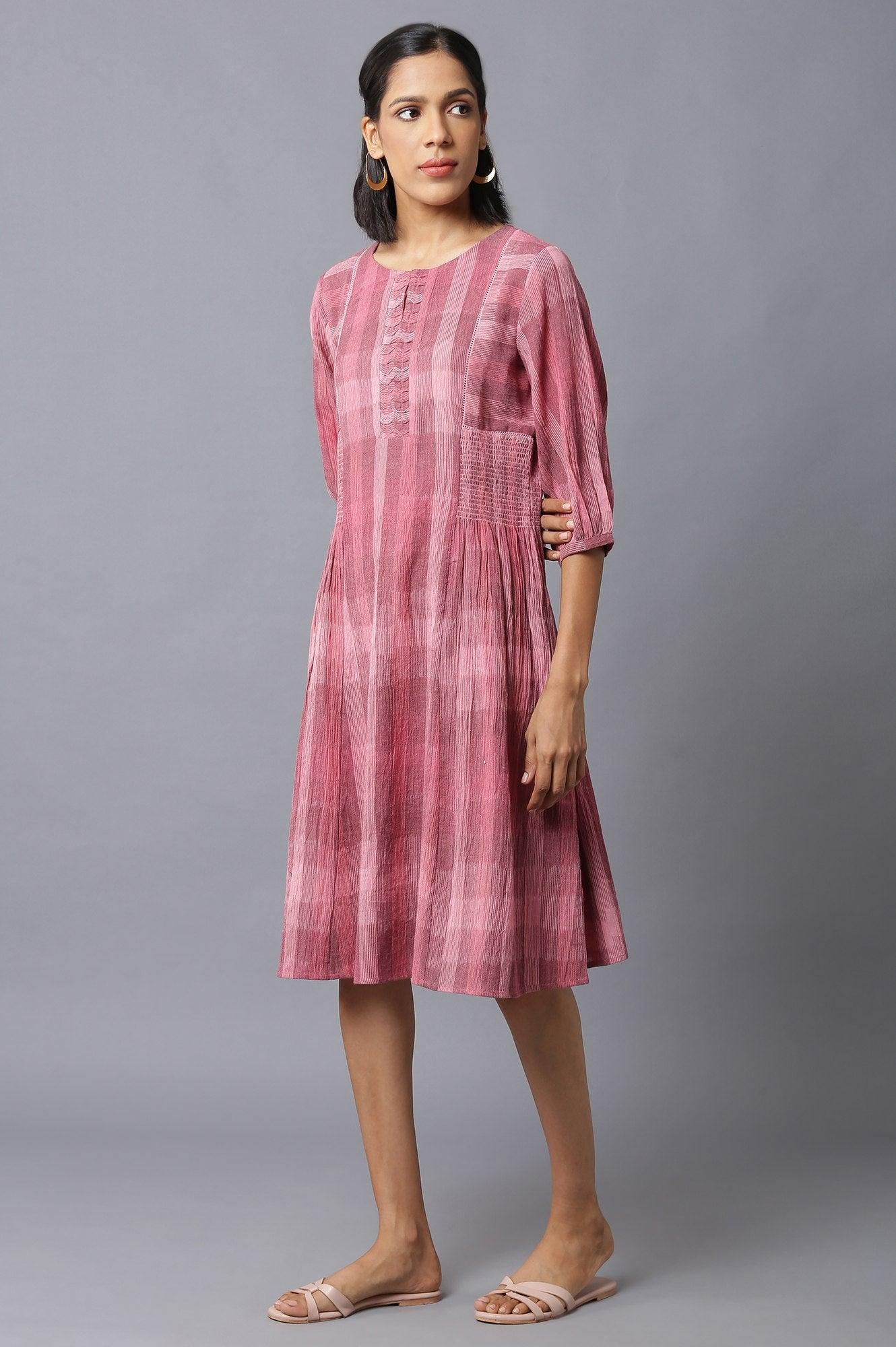 Dark Pink Ikkat Smoking Dress In Round Neck - Image 3
