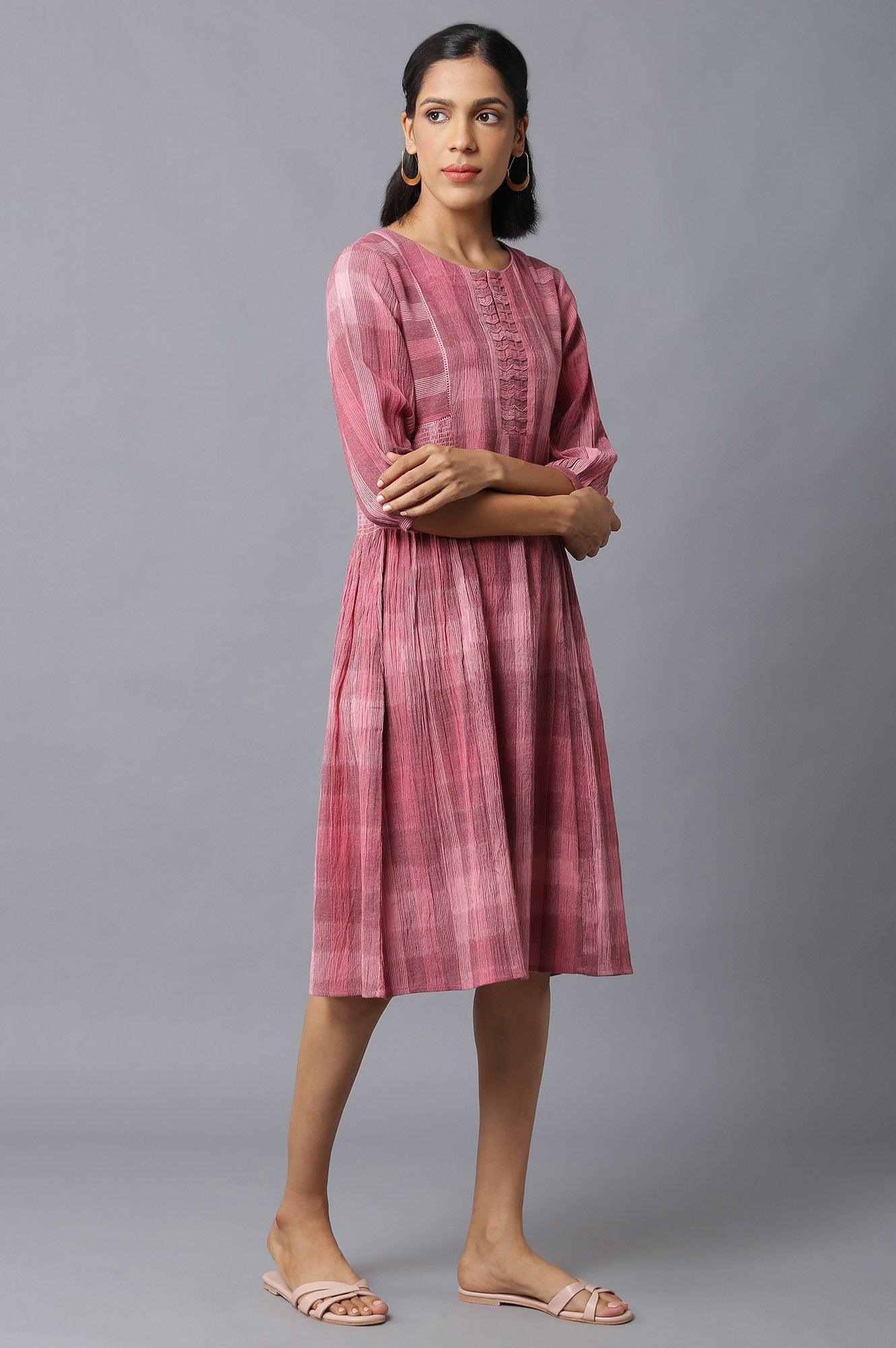 Dark Pink Ikkat Smoking Dress In Round Neck - Image 4