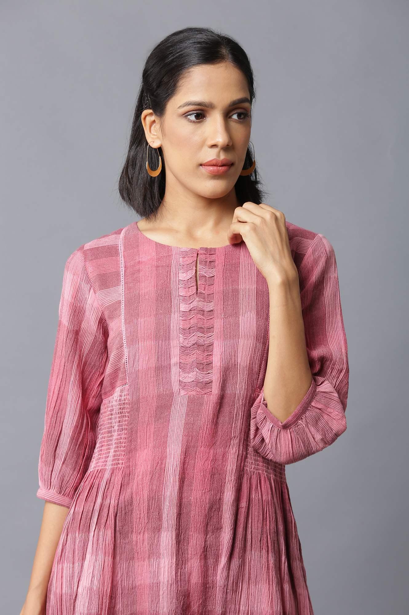 Dark Pink Ikkat Smoking Dress In Round Neck - Image 5