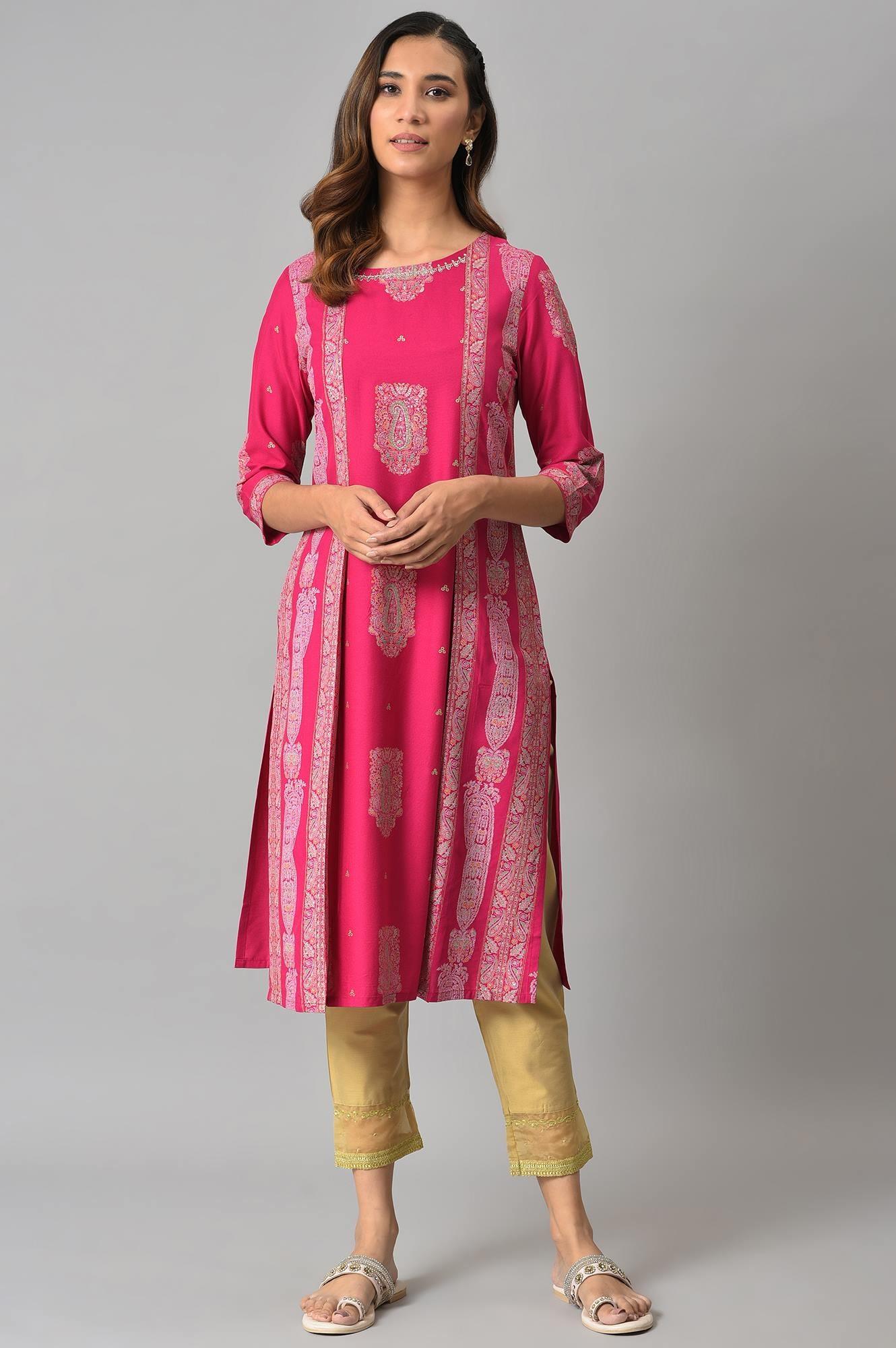 Dark Pink Mock Layered Beadwork kurta - Image 5