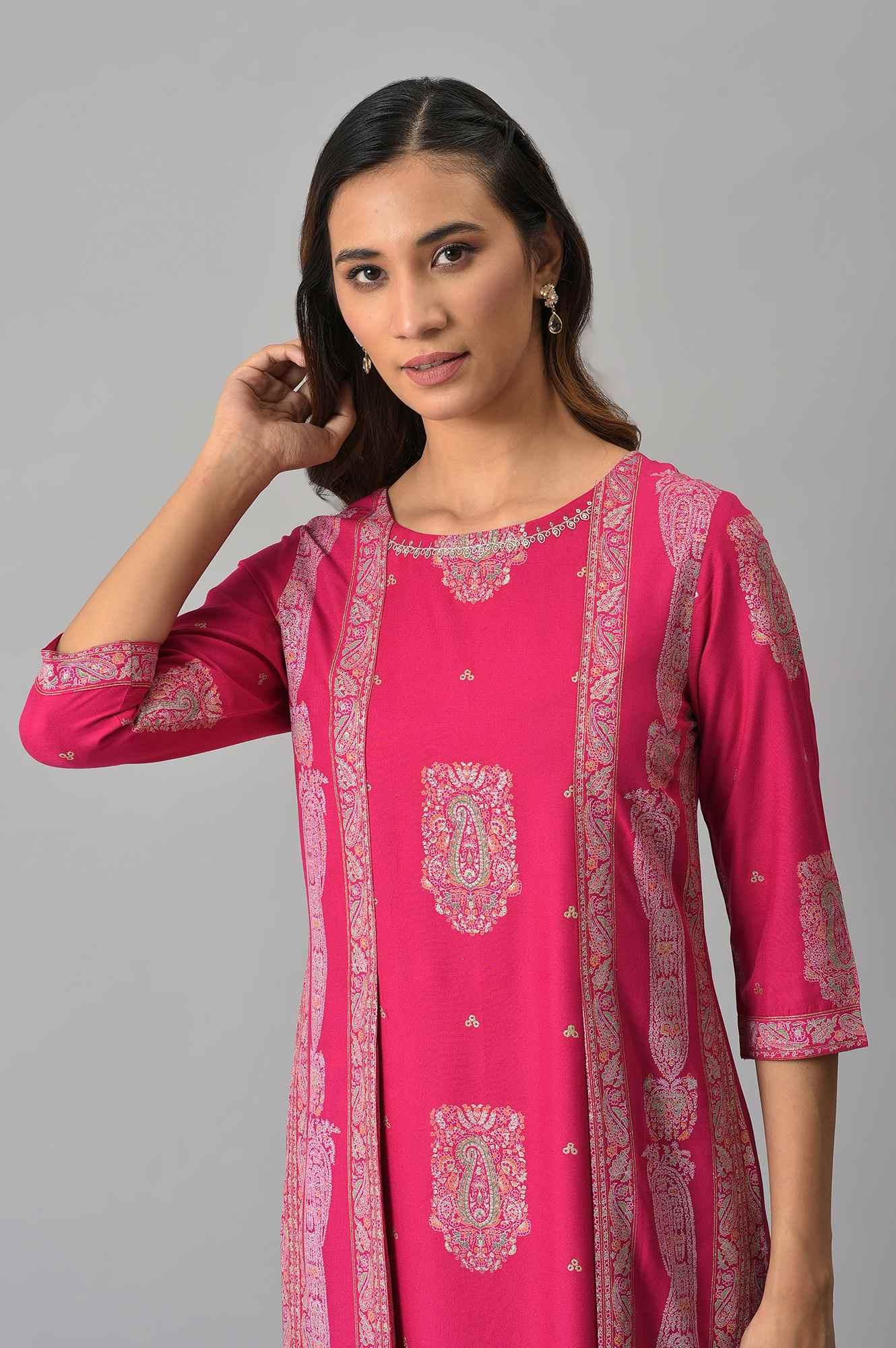 Dark Pink Mock Layered Beadwork Straight Kurta - Image 6