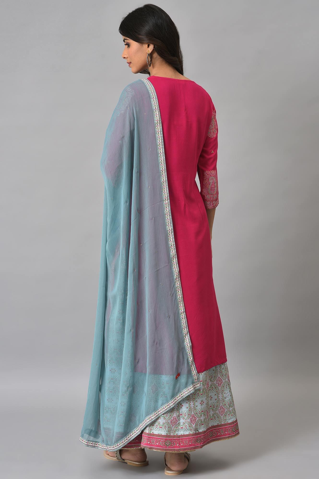 Dark Pink Mock Layered Beadwork kurta With Skirt And Chiffon Dupatta - Image 2