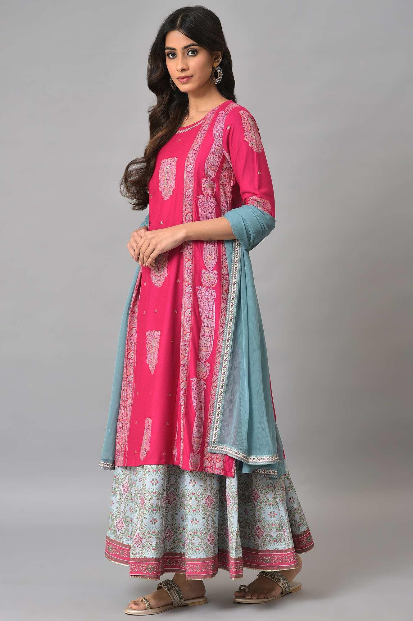 Dark Pink Mock Layered Beadwork kurta With Skirt And Chiffon Dupatta - Image 3