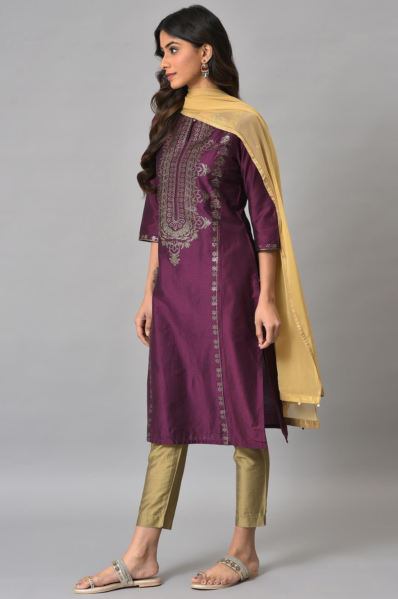 Dark Pink Mukaish Placement Print kurta With Golden Pants And Dupatta - Image 3