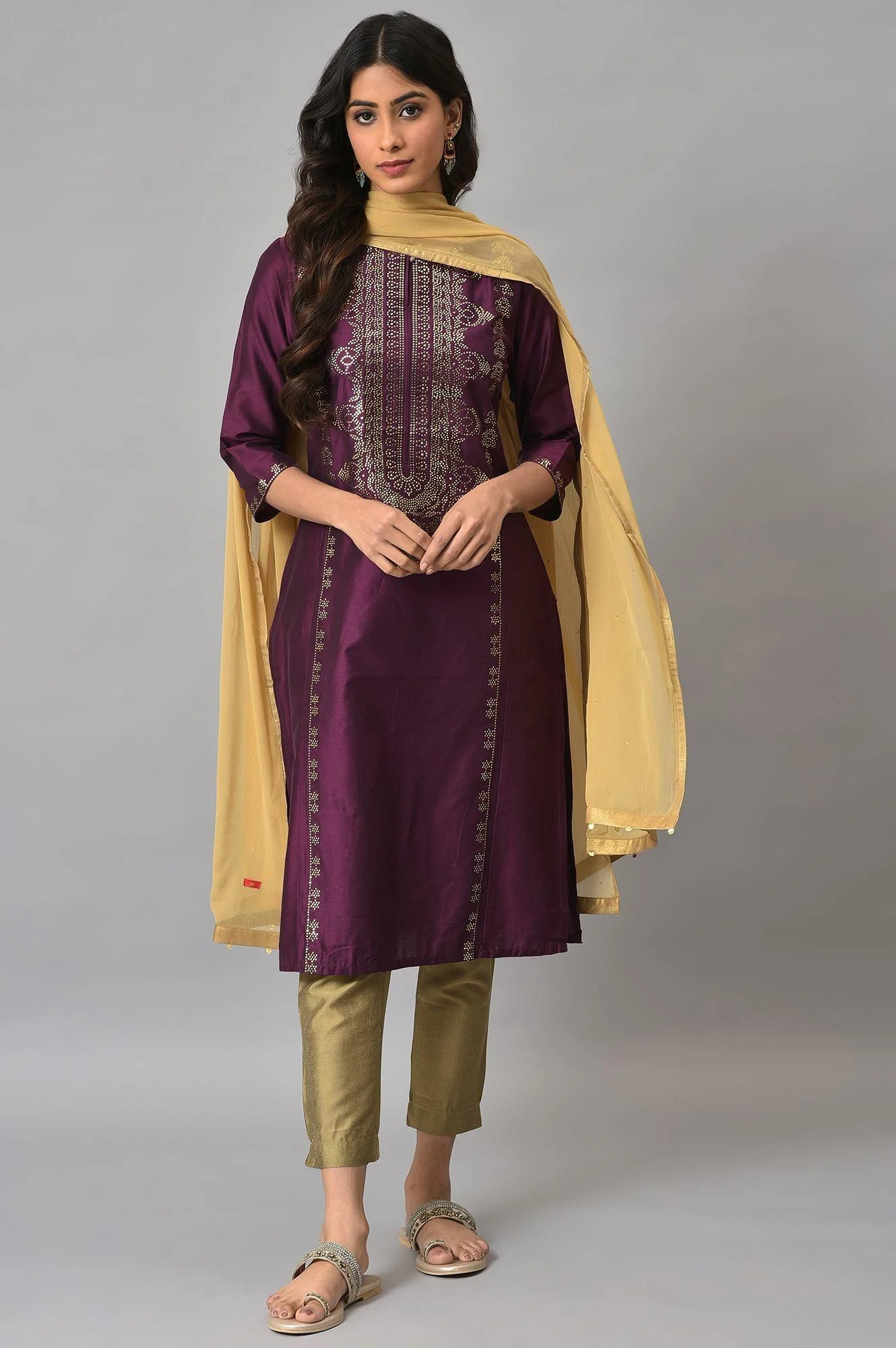 Dark Pink Mukaish Placement Print kurta With Golden Pants And Dupatta - Image 9