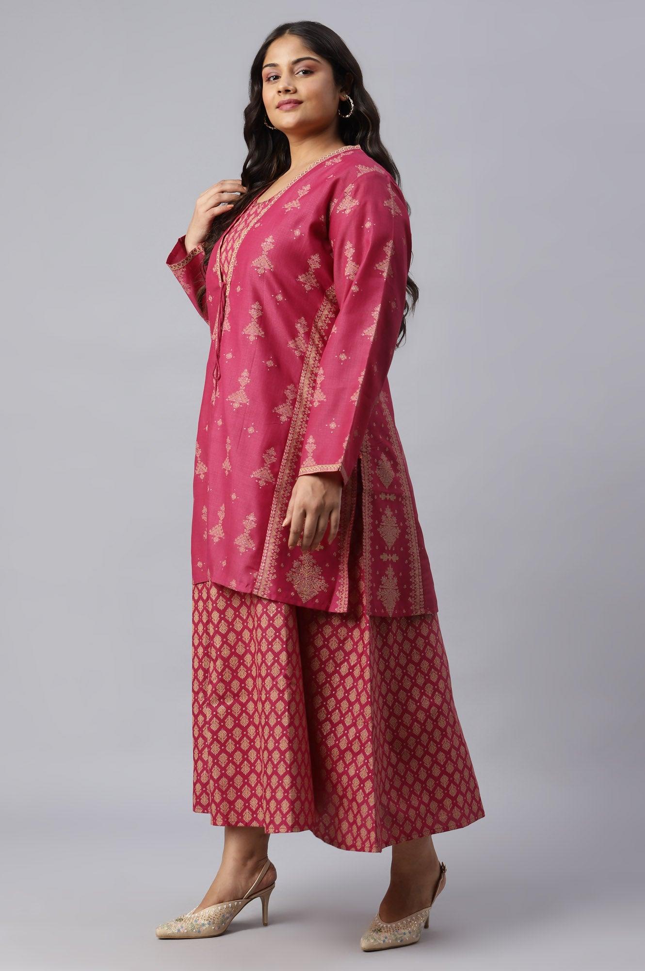 Dark Pink Plus Size Glitter Dress With Short Jacket - Image 3