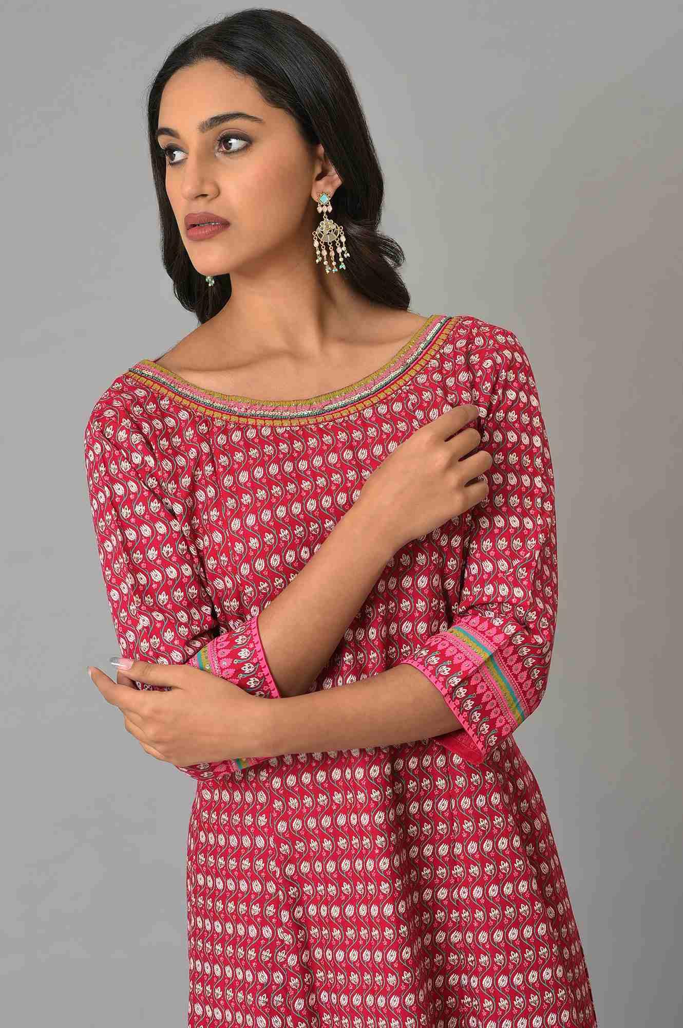 Dark Pink Printed Kalidar kurta With Tights - Image 5