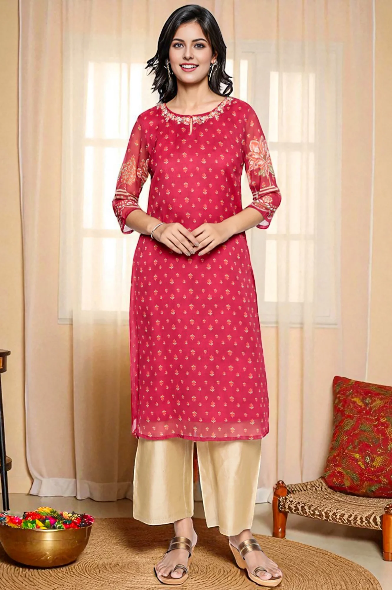 Dark Pink Printed Silver Chiffon Straight Kurta - Image 2