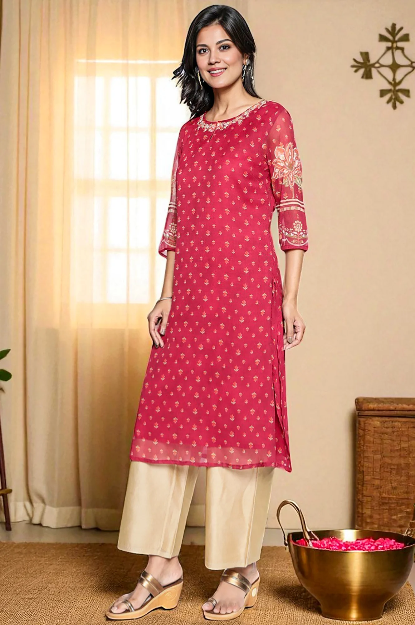 Dark Pink Printed Silver Chiffon Straight Kurta - Image 4