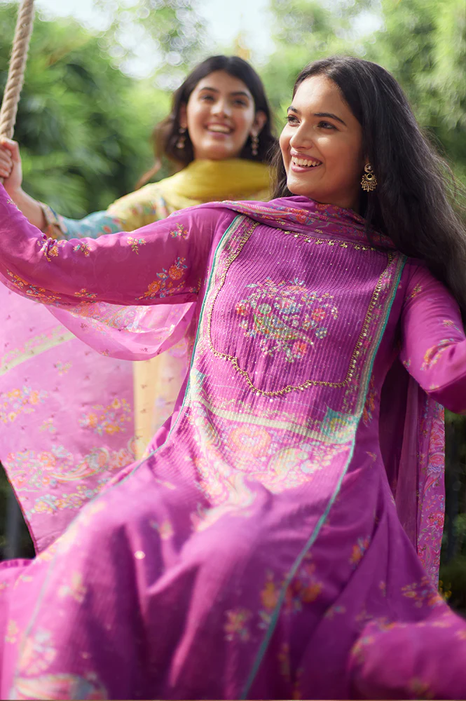Dark Pink Sequined Anarkali kurta, Tights & Dupatta Set - Image 2