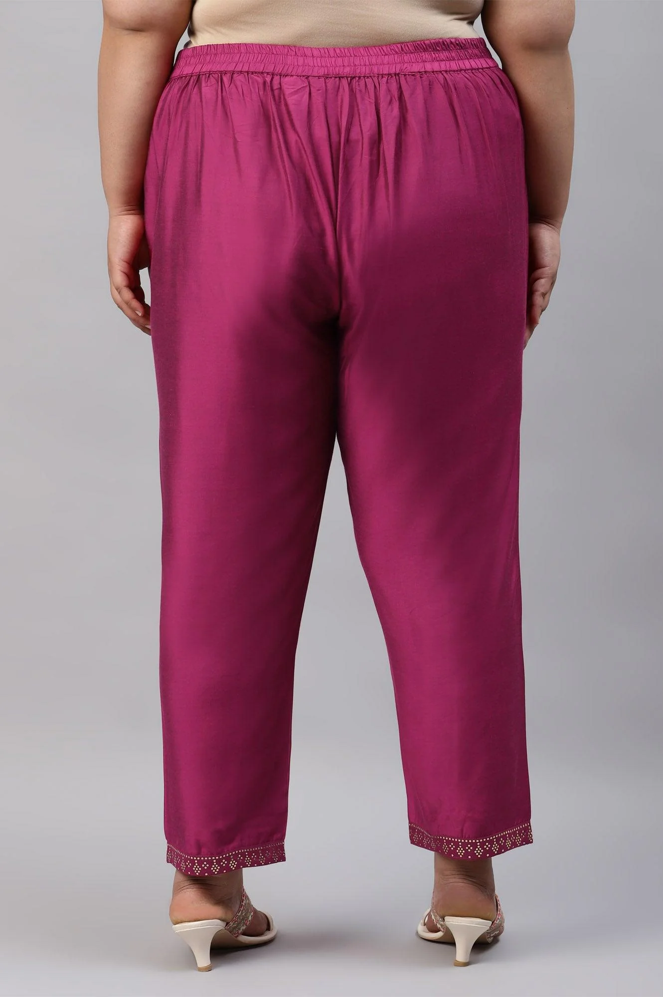 Dark Pink Women Plus Size Pants With Printed Border - Image 2