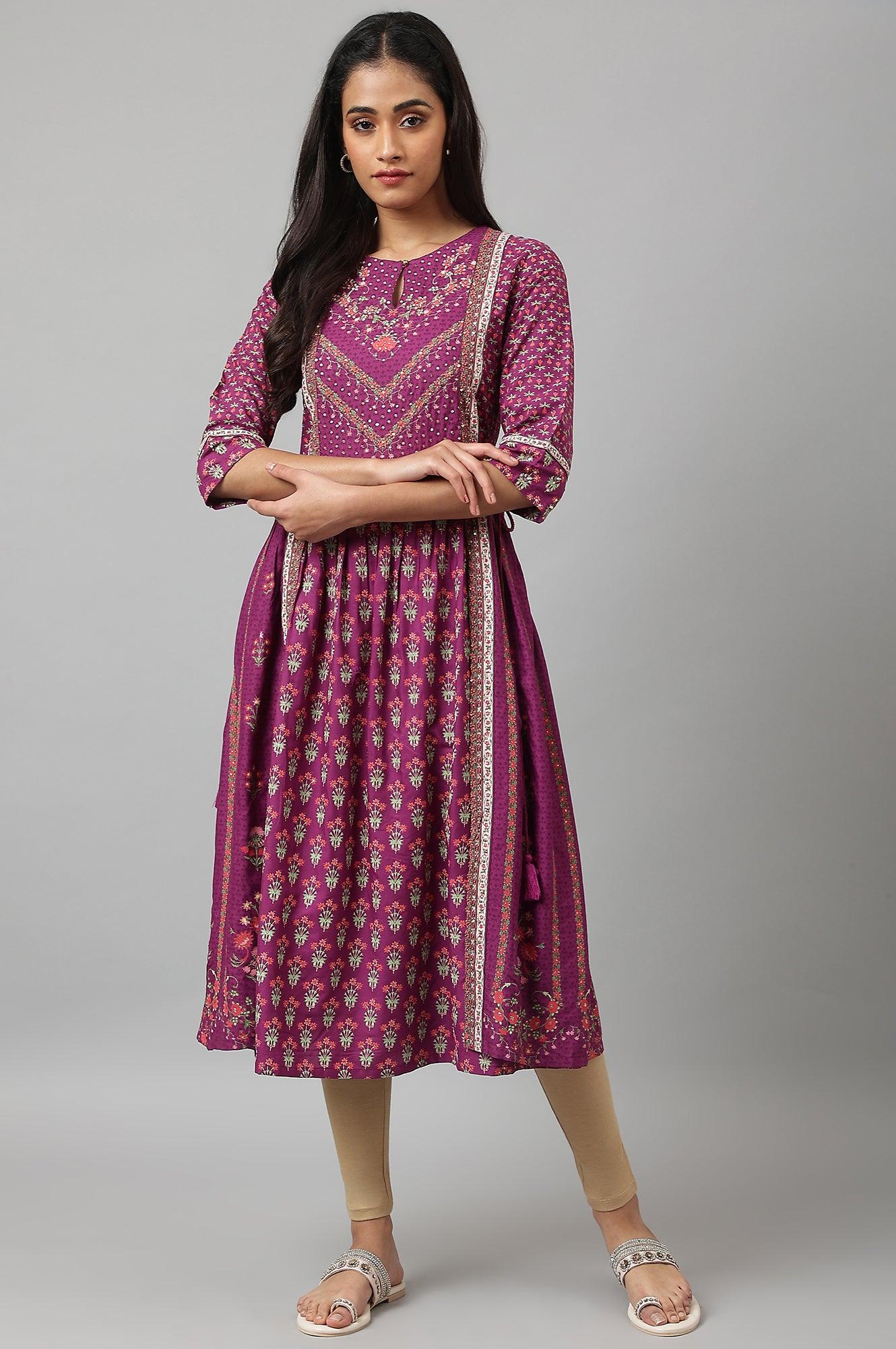 Dark Purple Flared Dress With Floral Print And Sequins - Image 2