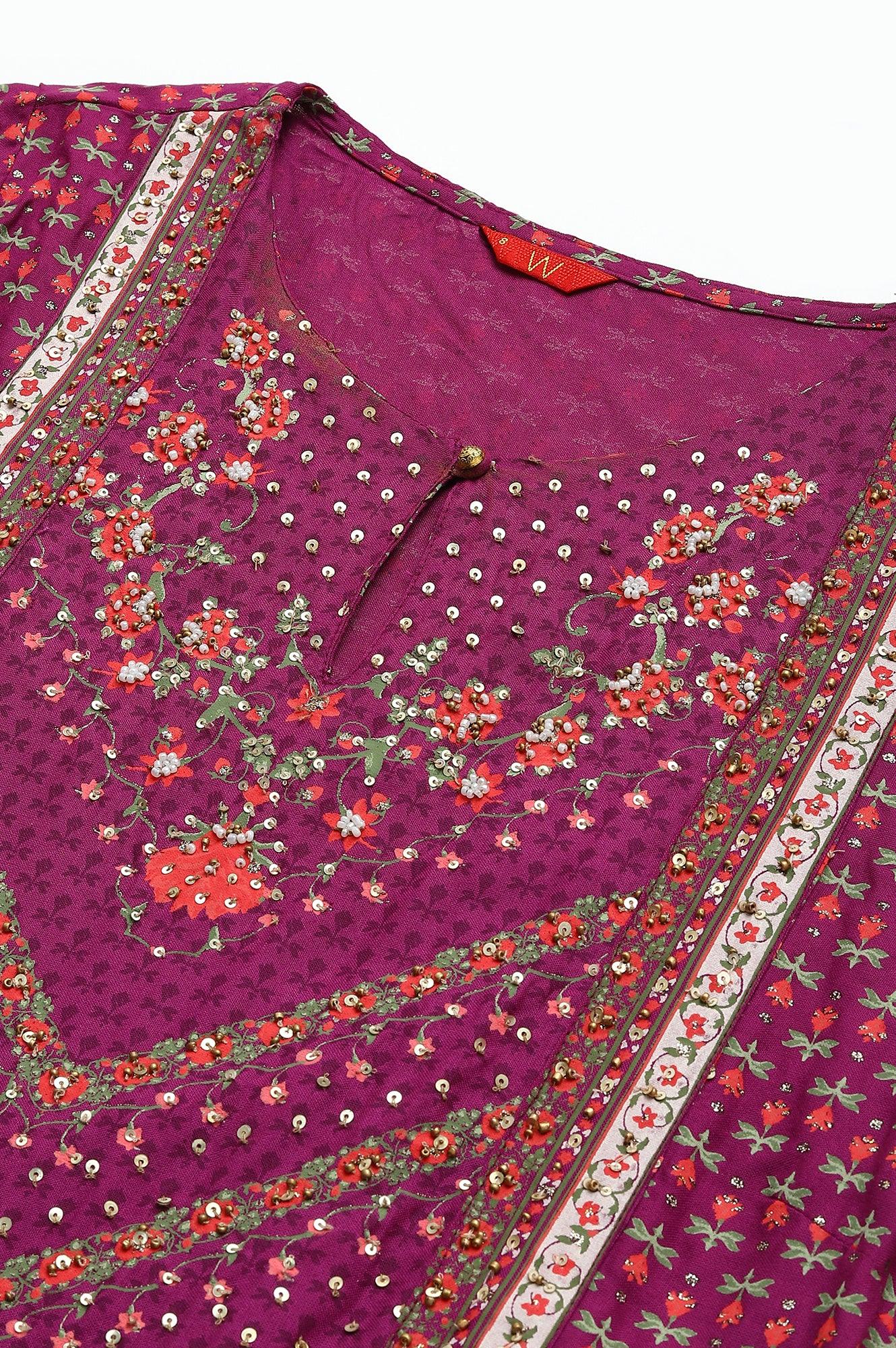 Dark Purple Flared Dress With Floral Print And Sequins - Image 3