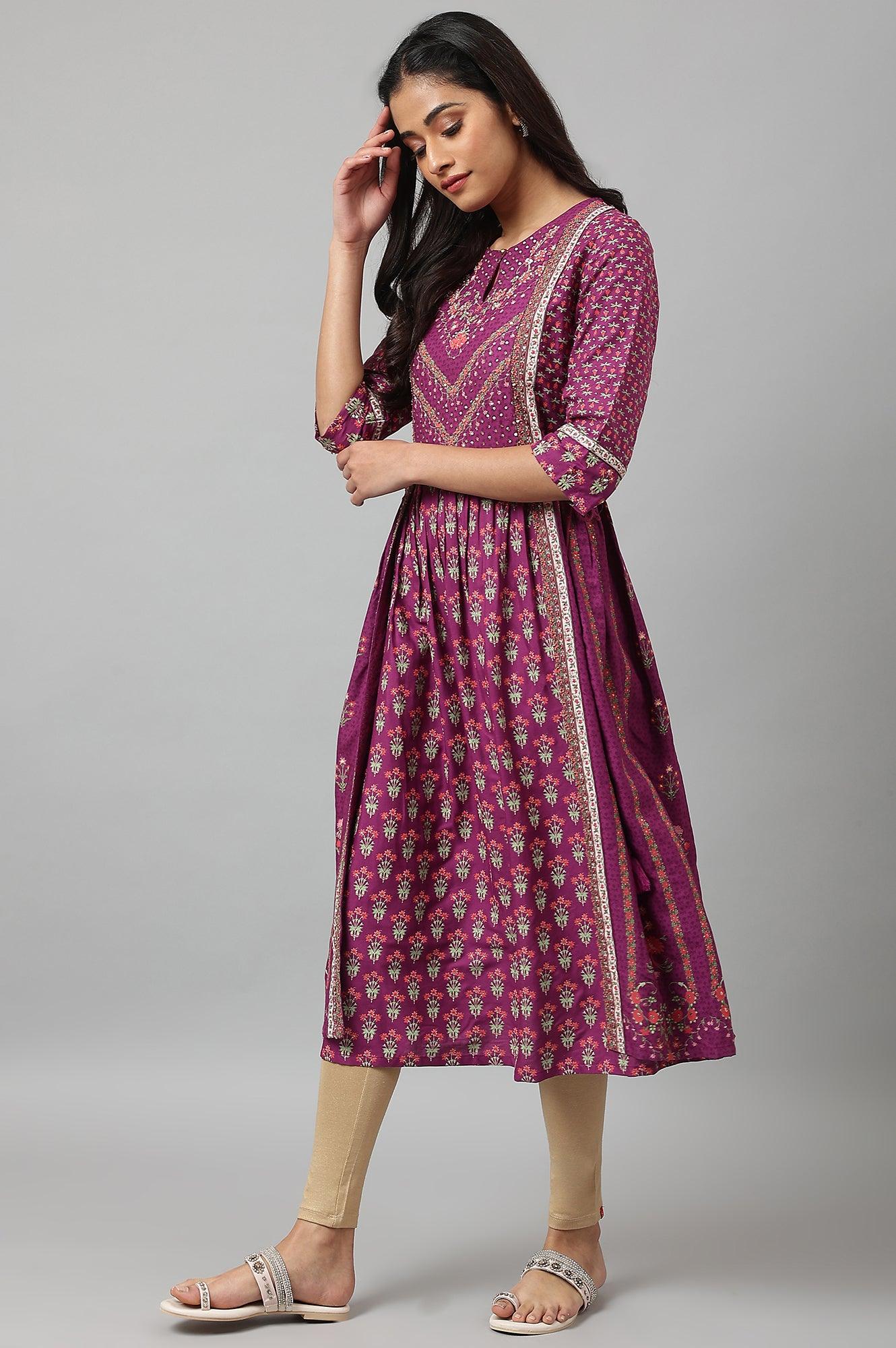 Dark Purple Flared Dress With Floral Print And Sequins - Image 4