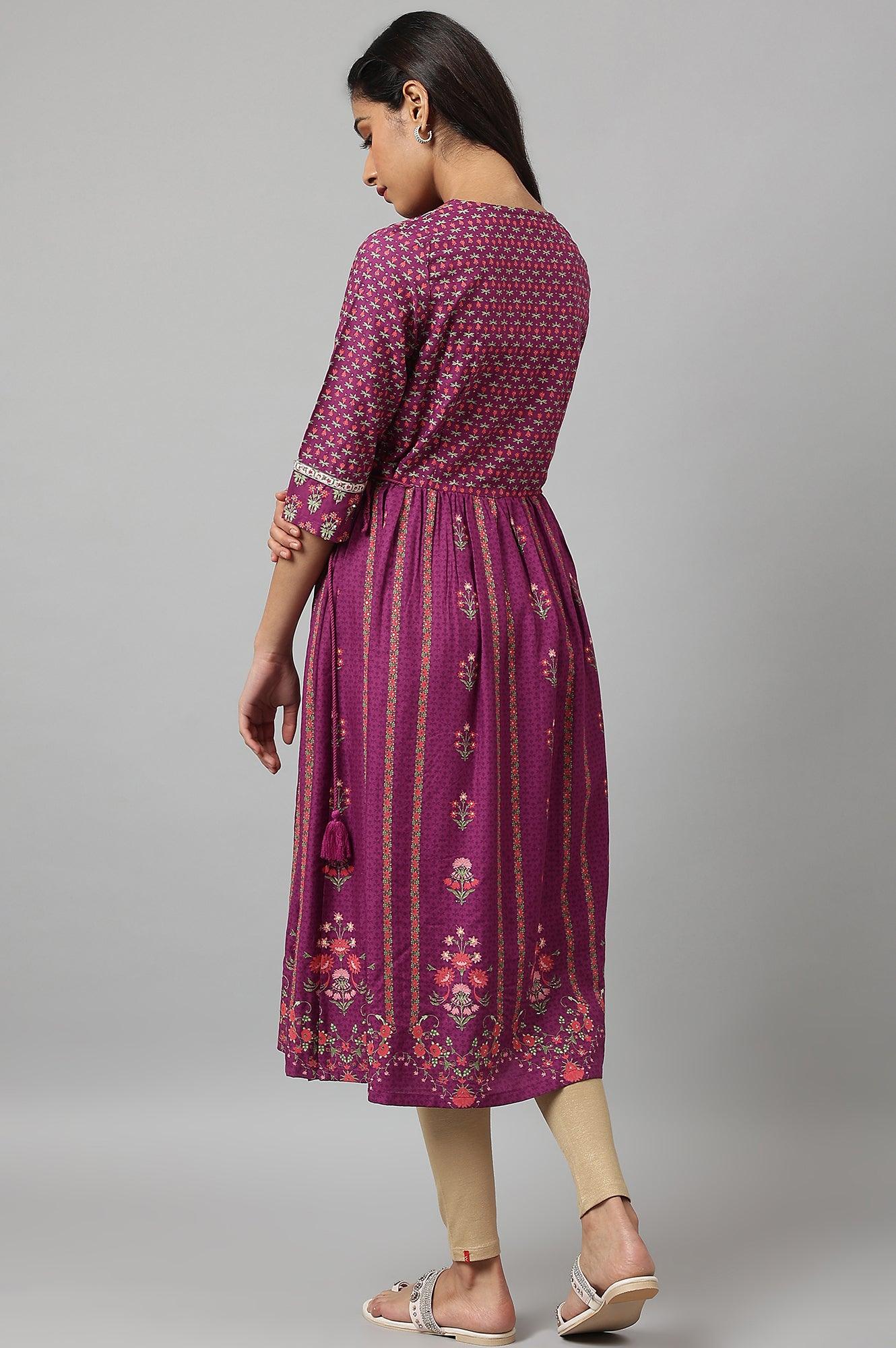 Dark Purple Flared Dress With Floral Print And Sequins - Image 5
