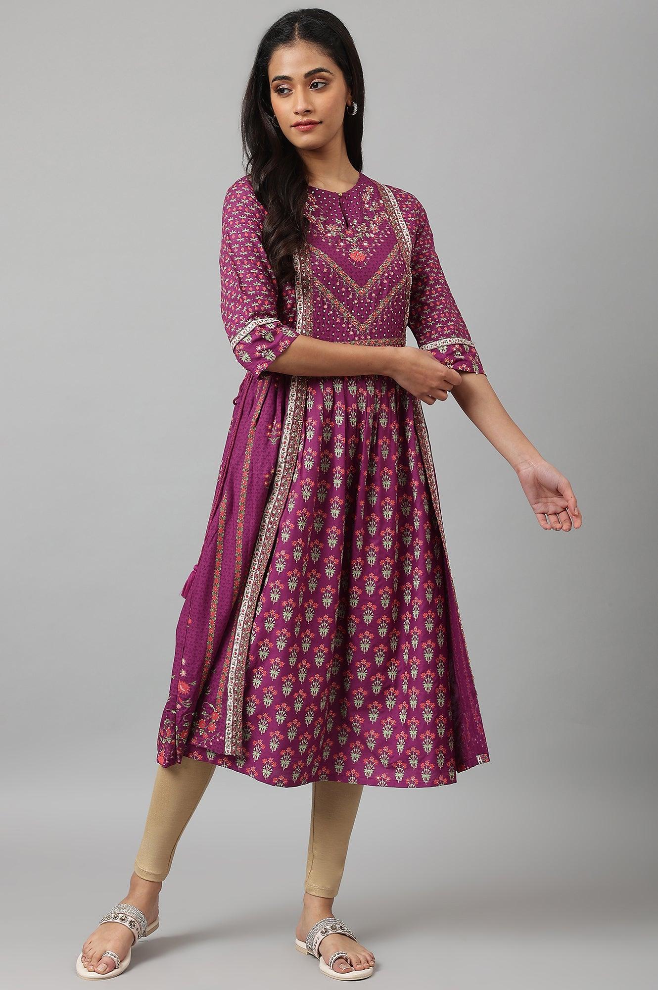 Dark Purple Flared Dress With Floral Print And Sequins - Image 6